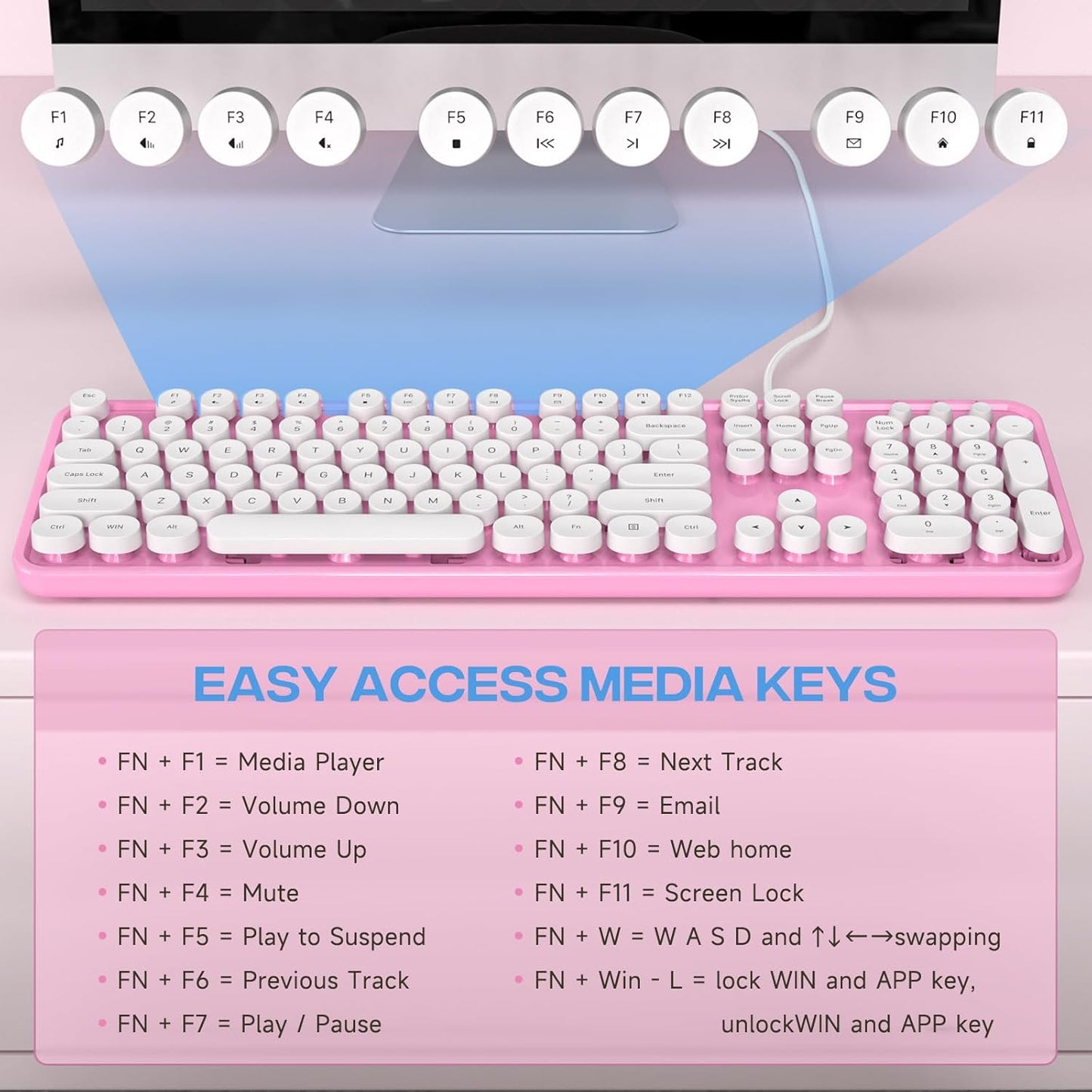 Computer Keyboard Wired, Plug Play USB Keyboard with Large Number Pad, Caps Indicators, Foldable Stands, Full Size Keyboard for Windows PC Laptop (Pink White)