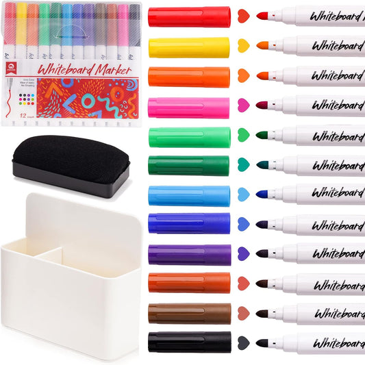 NiArt Whiteboard Magnetic Dry Erase Marker Holder Set, 12 Colors Fine Markers, Magnetic Whiteboard, Dry Eraser for School Office Home