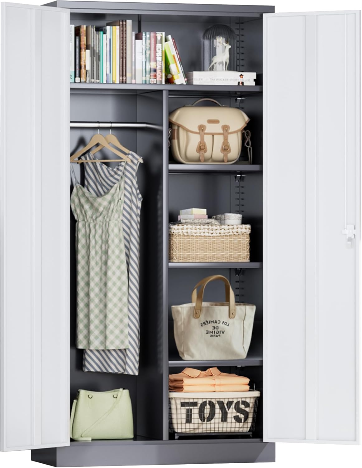 Greenvelly Metal Wardrobe Cabinet with Lock Door, 72" Metal Wardrobe Closet Cabinet with Hanging Rods and Adjustable Shelves, Steel Storage Locker Closet for Home, Office, Employee, Gym (White Grey)