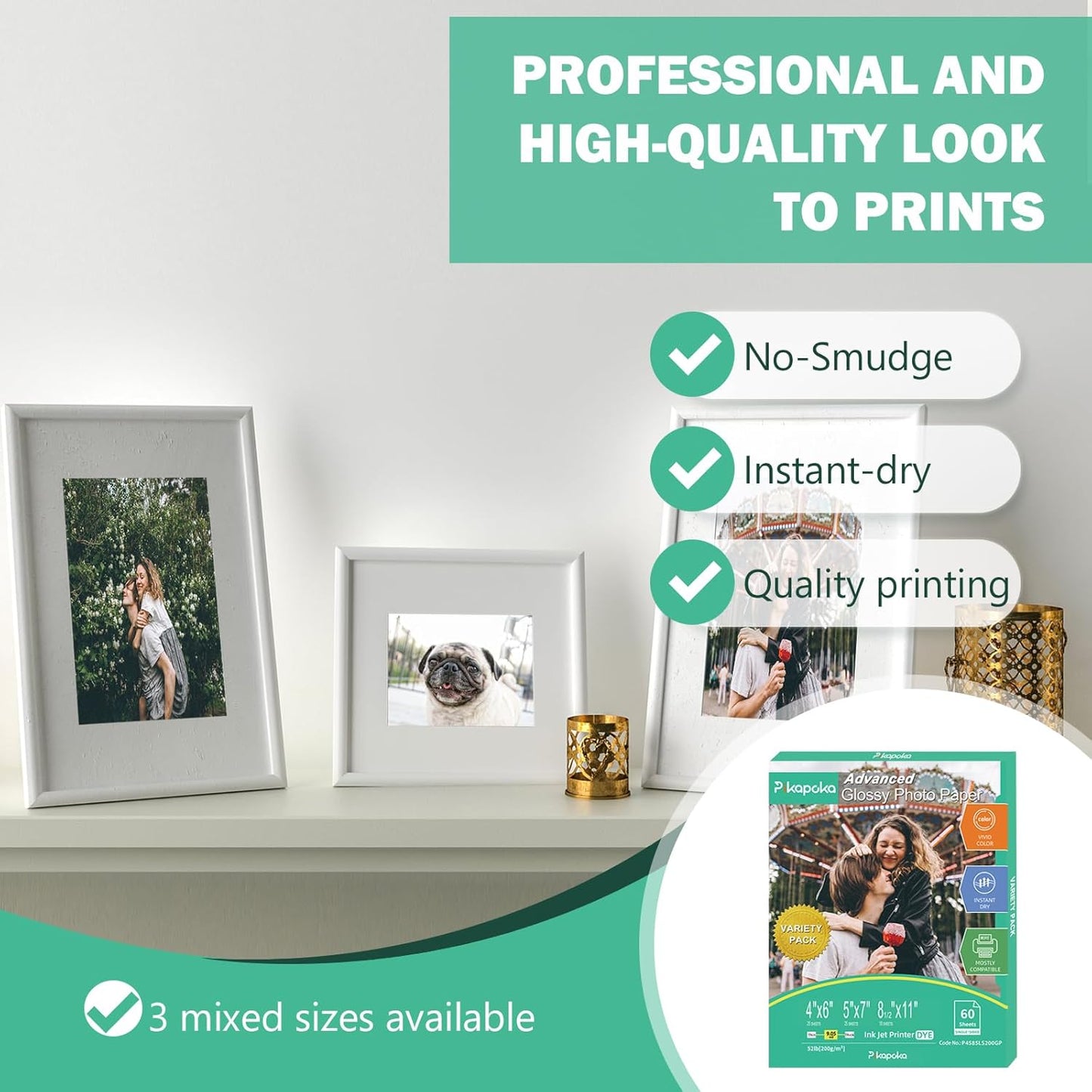 Glossy Photo Paper 4x6, 5x7, 8.5x11, 60 Variety Pack Bulk, Assorted Sizes, Inkjet printer, 52lb/200gsm