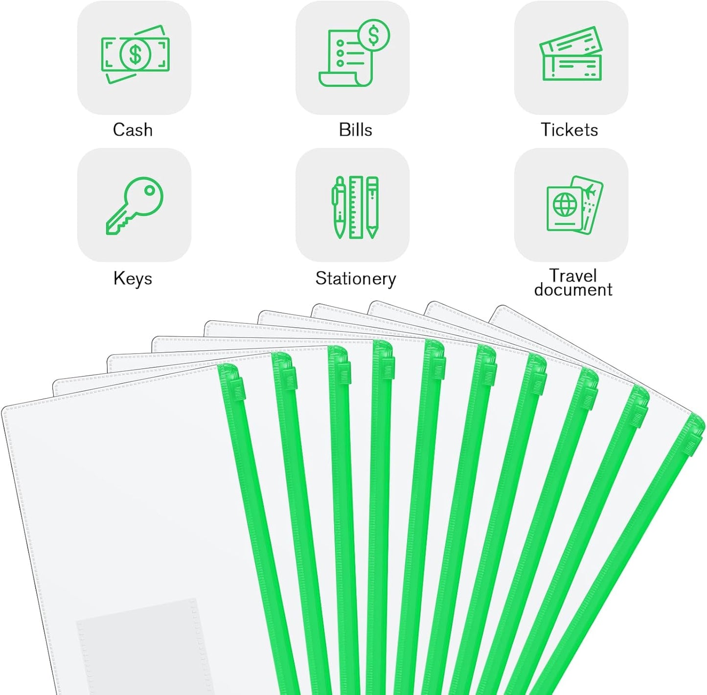 Marspark 100 Pieces Clear Pencil Case Zipper Envelope Bulk with Label Pocket Clear Plastic Envelopes with Zippered, A6 Pencil Bags for Cash, School Office Supplies, 9.2 x 4.7 Inches(Green)