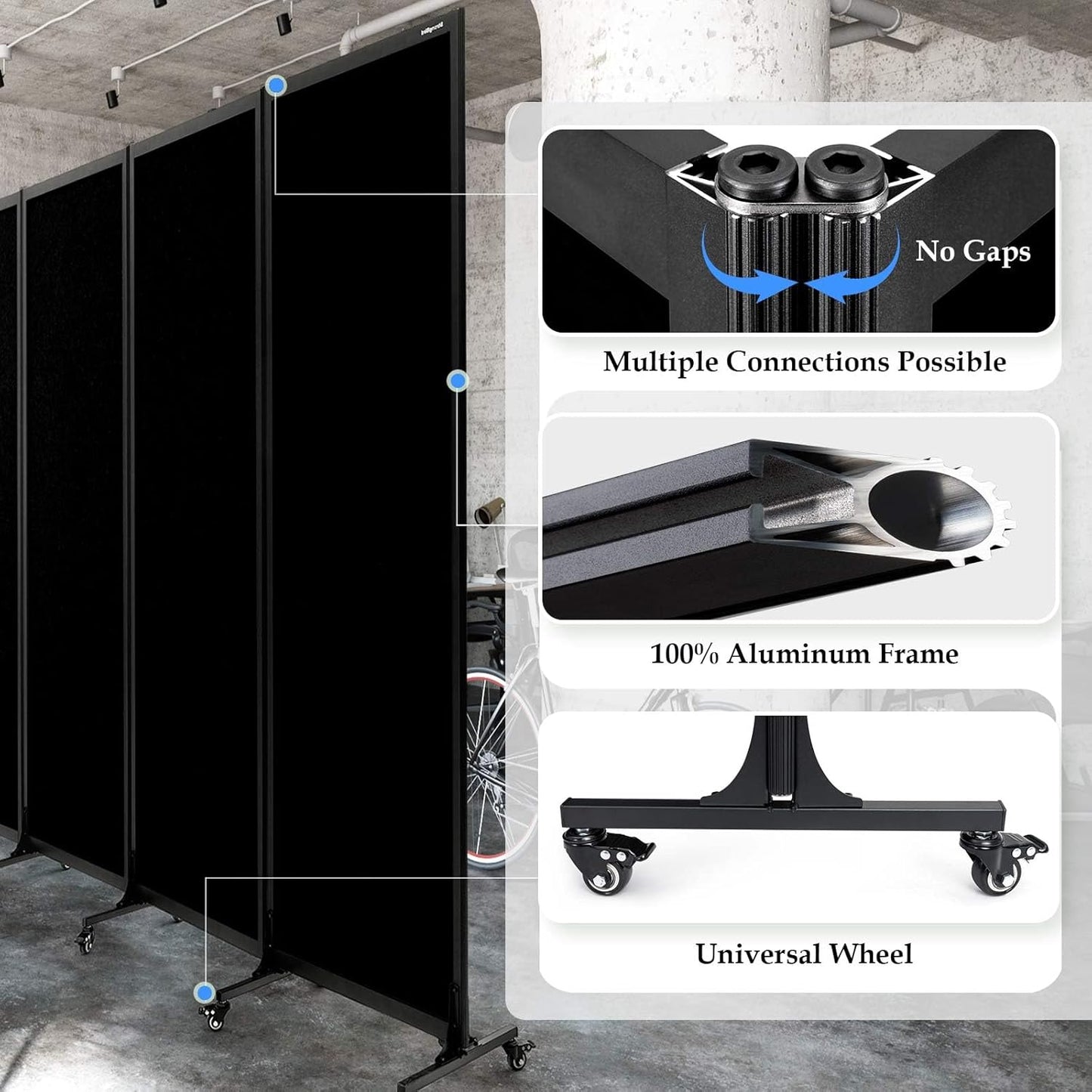 Upgrade Version Room Partition and Divider, Freestanding Rolling Dividers with Wheels,Office Privacy Screen Divider Wall,Classroom Felt Dividers,8'2"L* 6'7"H,4 Panel，Black
