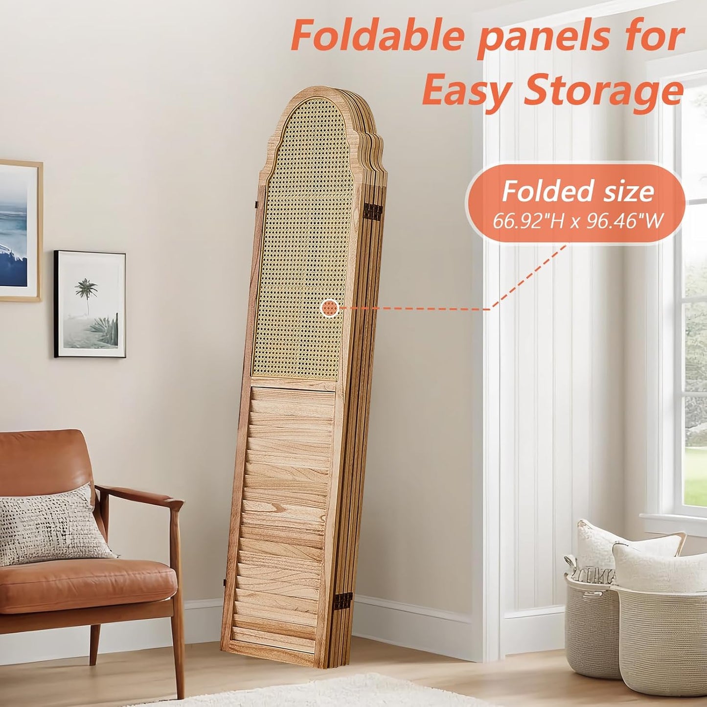 4 Panel Rattan Folding Screen Room Divider, Privacy Dividers for Rooms, Louvered Partition Dividers, Room Divider Panel for Bedroom, Dressing Room, Balcony, Light Brown