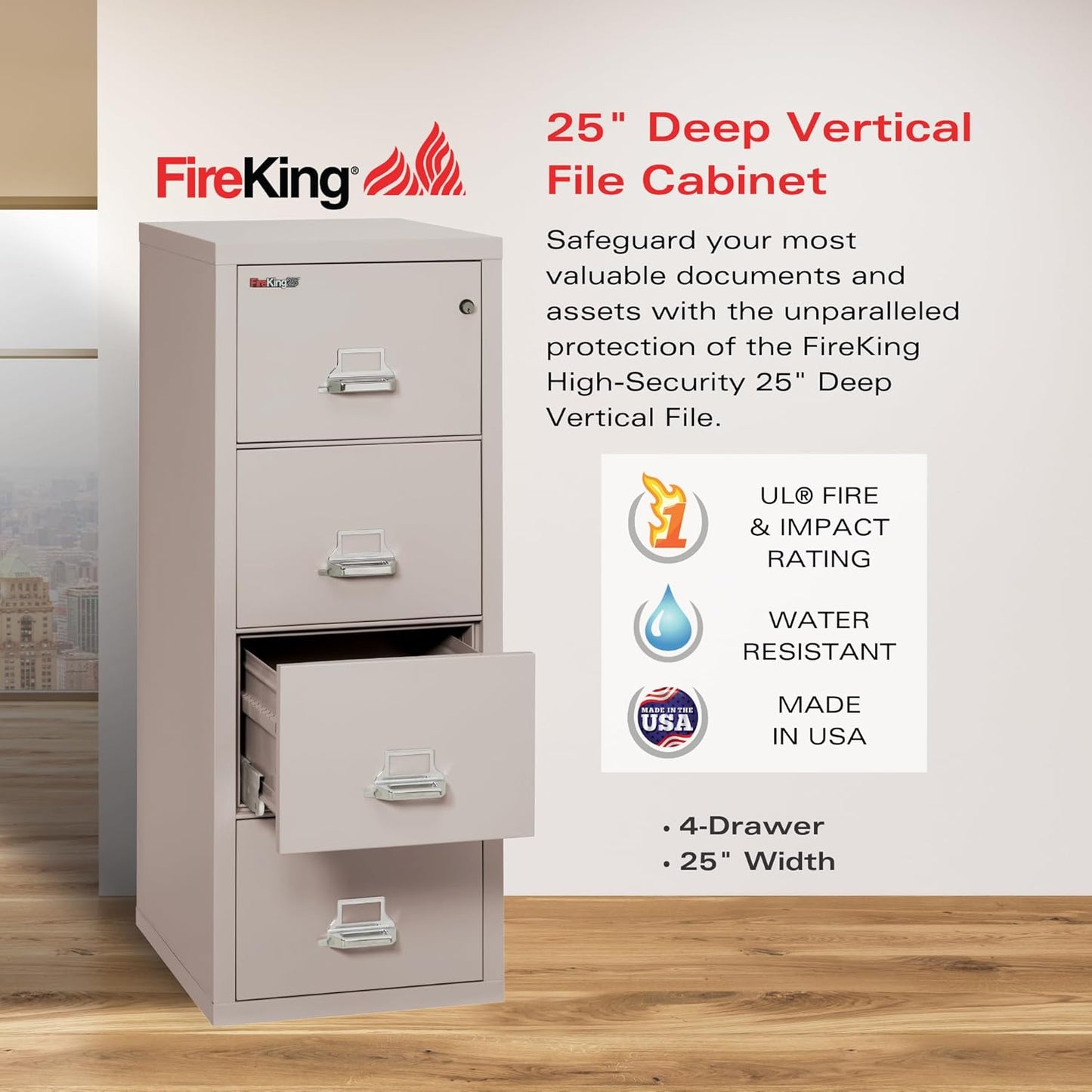 Fireking Fireproof Vertical File Cabinet (4 Letter Sized Drawers, Impact Resistant, Water Resistant), 52.25" H x 17.75" W x 25.06" D, Platinum