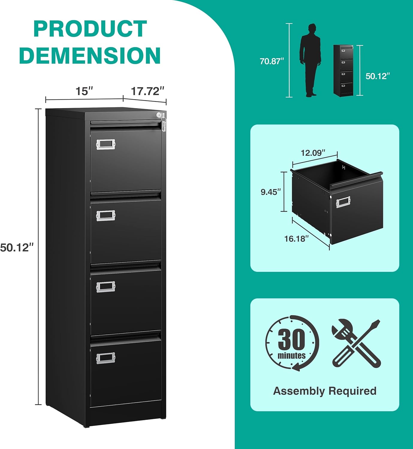 SISESOL 4 Drawer File Cabinet with Lock and Tag,Black Vertical File Cabinet,Narrow Locking Filing Cabinets with Drawers,Metal Filing Storage for Home Office Fit A4 Legal/Letter Size