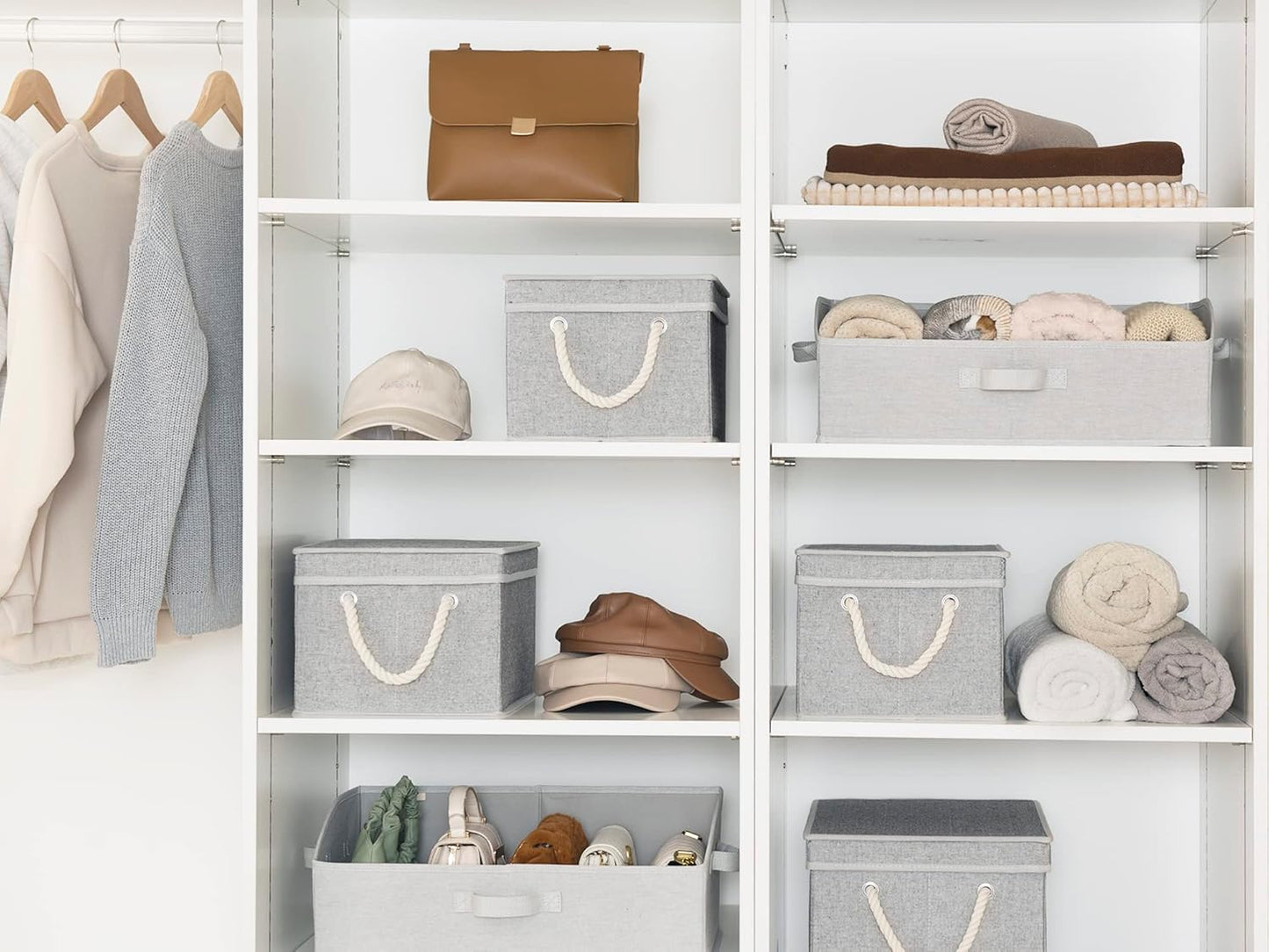 StorageWorks Large Storage Bins with Lids, Decorative Storage Boxes with Lid and Soft Rope Handles, Foldable Storage Baskets for Closet, Shelves, Stackable, Gray, 3-Pack