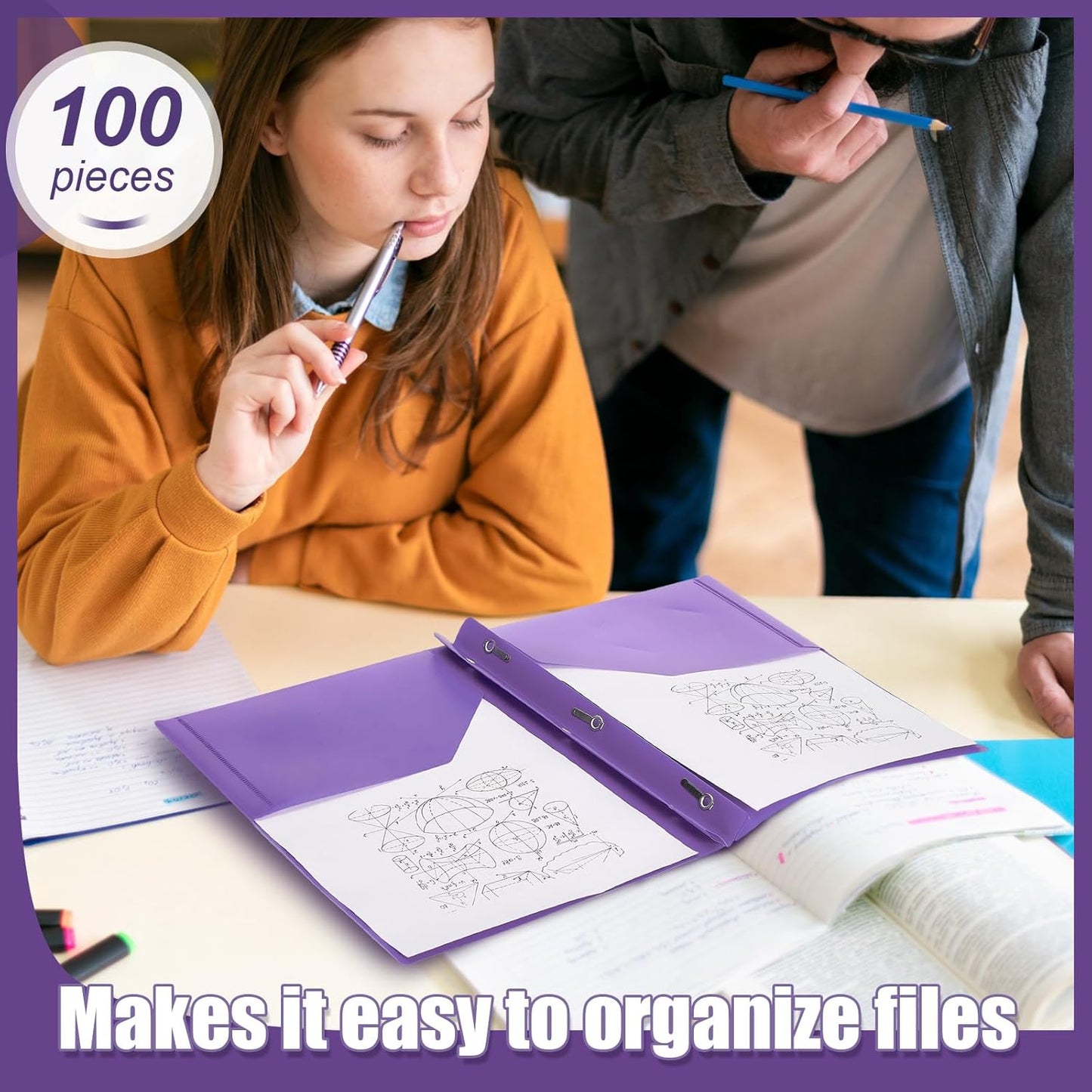 Lincia 100 Pcs Plastic Folders with Pockets and Prong Folders with Prongs Plastic Folders with 2 Pockets Pocket Folders for Office, School for Students, Teachers, Office Workers (Purple)