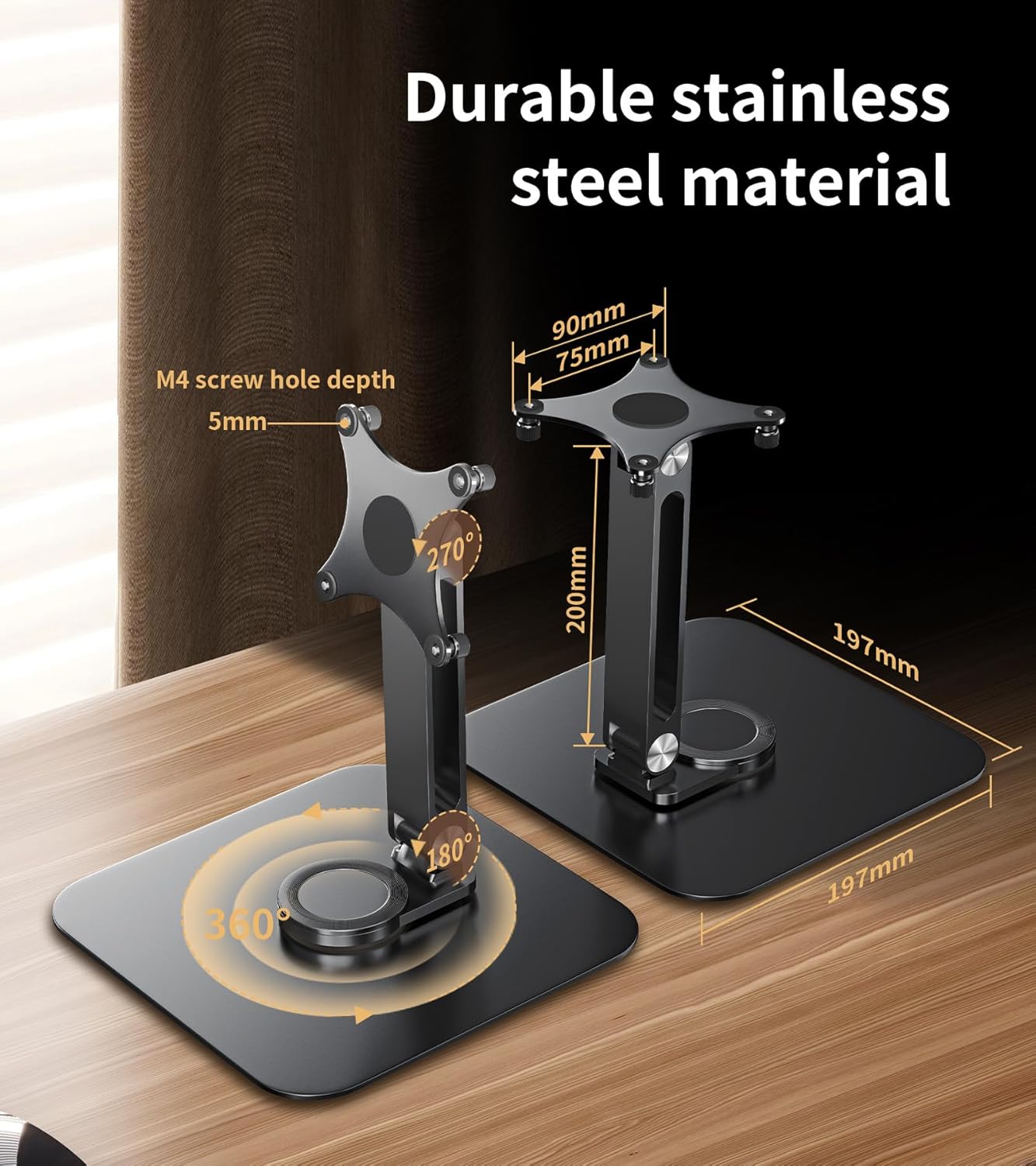 13-17.3" Monitor Stand with 360° Swivel Base, 75mm VESA Single-Arm Mount w/ M4 Screws for Portable Monitor, Adjustable Angle & Tilt & Rotation - Touchscreen Desktop Display Stand (Black)