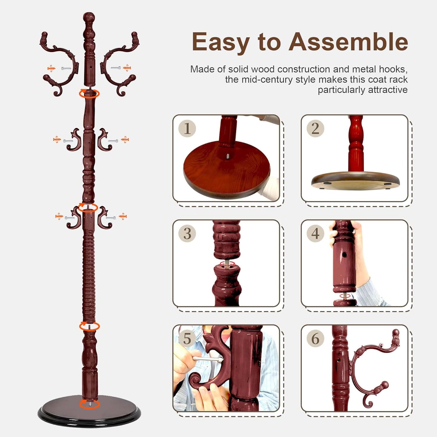 Solid Wood Coat Rack Stand with 18 Hooks, Vintage Coat Rack Freestanding with Heavy Duty Base, 3 Adjustable Height Coat Hanger Stand Hall Tree Fits Entryway Bedroom Office for Coat,Bag,Hat