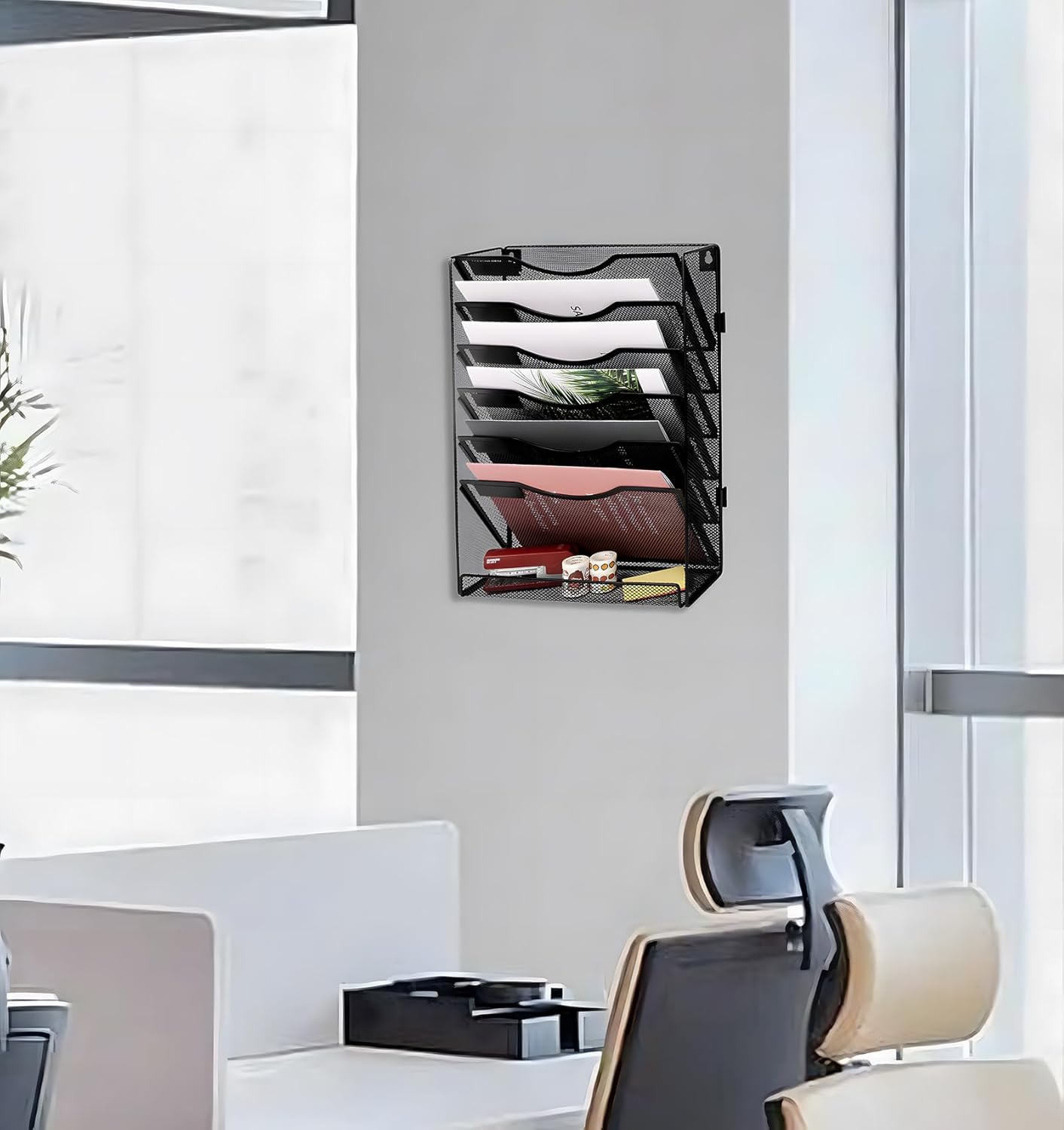 EasyPAG 7 Tier Wall File Holder with Flat Tray, Black | Easy Assemble Mesh Desk File Organizer | 6-Folder Paper Storage | Replaceable Classify Labels | Space Saving Mail Organizer for Office Home