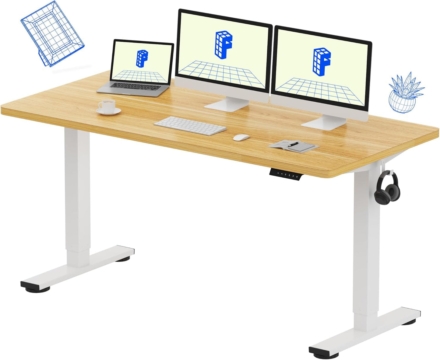 FLEXISPOT EN1 One-Piece Standing Desk, 60x24 Inches Large Electric Height Adjustable Sit Stand up Desk for Home Office (White Frame + Maple Desktop, 2 Packages)