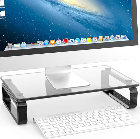 Hemudu Computer Monitor Stand Riser Multi Media Desktop Stand for Flat Screen LCD LED TV, Laptop/Notebook, with Tempered Glass and Metal Legs, Black HD02B-001U