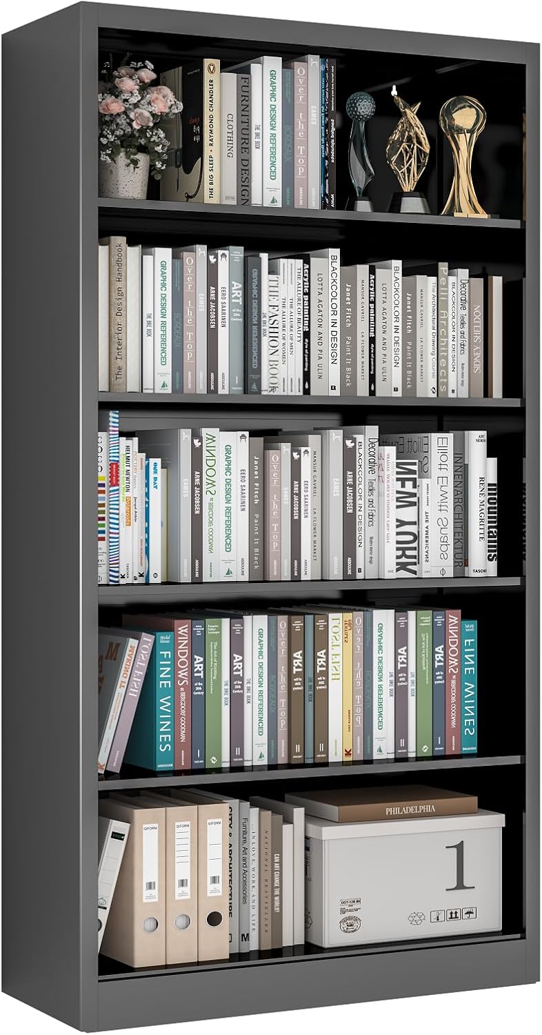 5 Tier Metal Bookshelf, 66" Tall Bookcase, Adjustable Book Shelves, Modern Black Book Shelf Storage Shelves for Bedroom, Living Room, Office, Library, Classroom, School