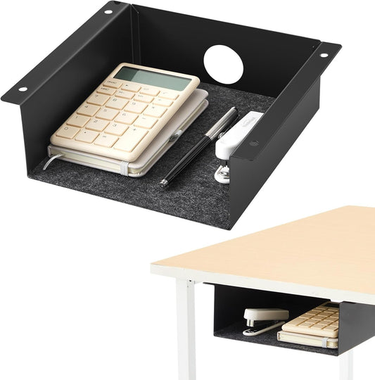 2 Pack Under Desk Storage Shelf, Carbon Steel Tray with Mute Felt Sheets, Mount Shelves Organizer for Office Home Workstation Gaming Stand Up Desk (7.5x8x2.8 In/Storage Shelf,Black)