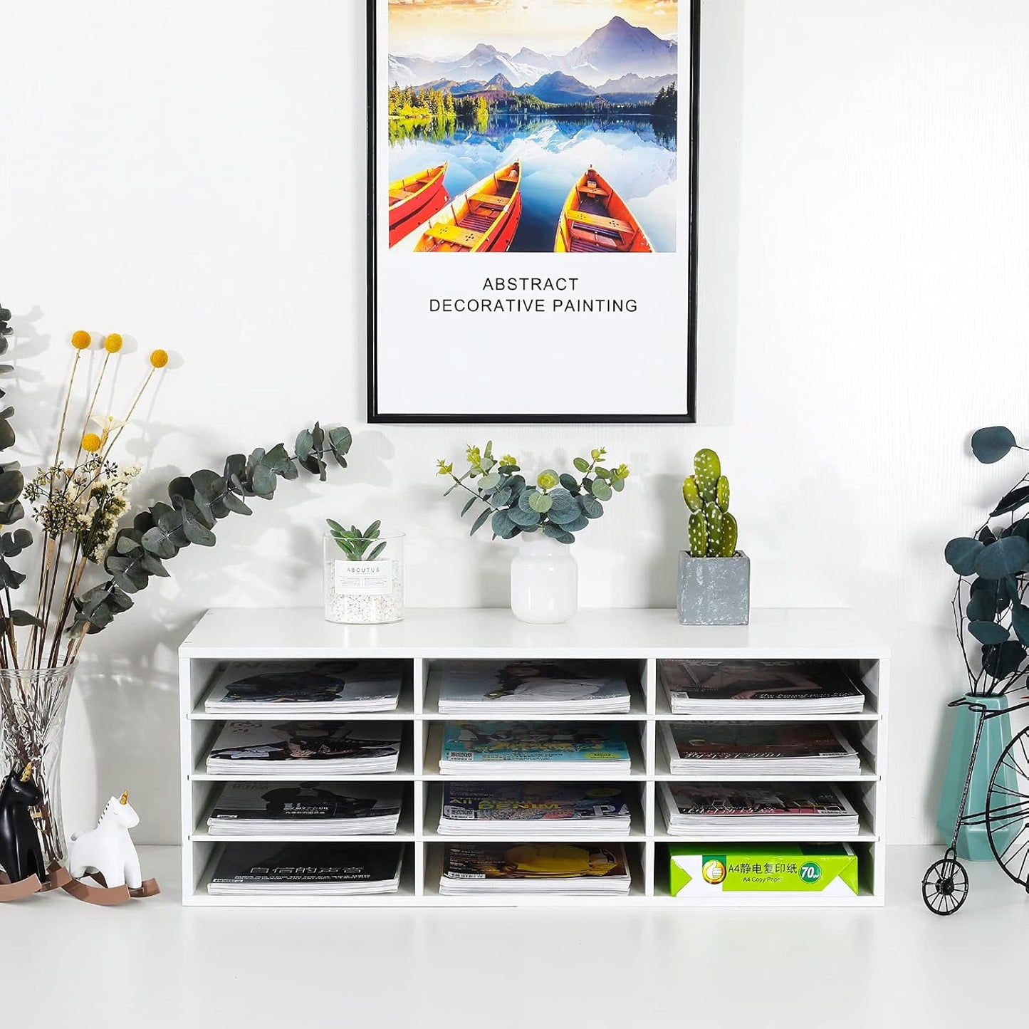 PAG Mail Sorter, Wood Countertop Literature Organizer, Student Mailbox for Classroom, Desktop Bill Paper Organizer for Office Home School, 12 Compartments, White