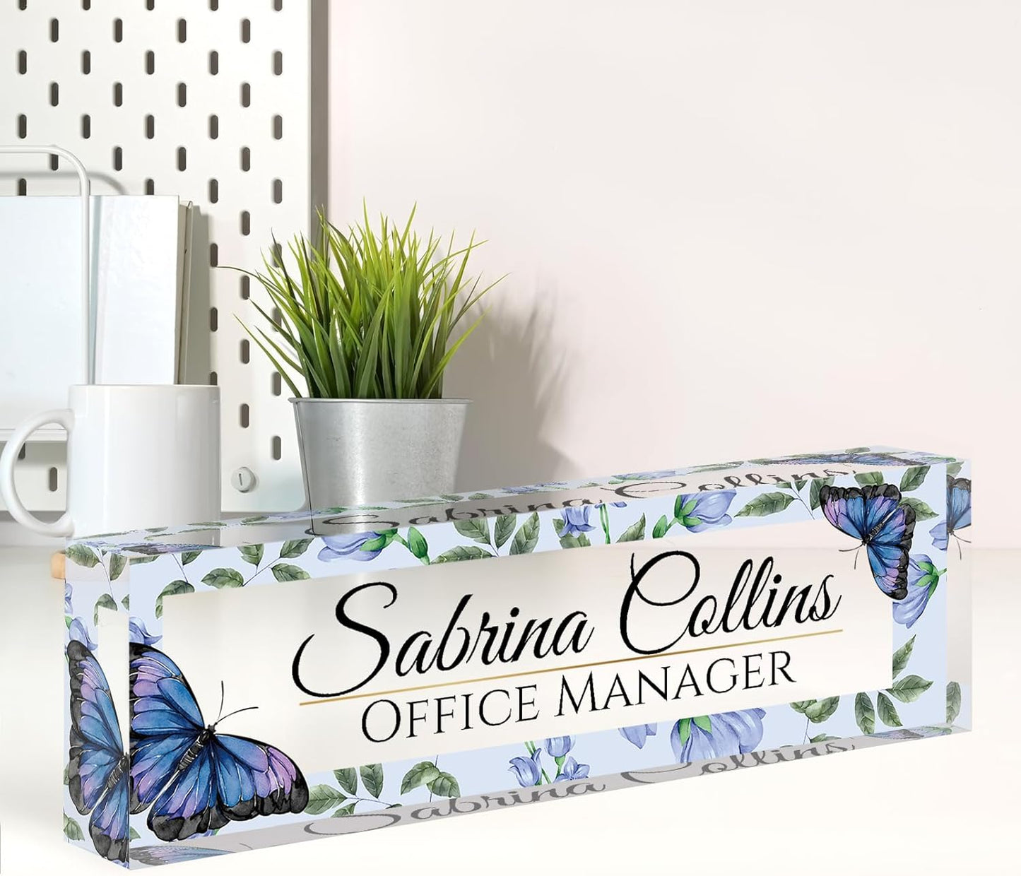 Name Plate for Desk, Desk Name Plate Personalized, Office Decor for Women Men, Acrylic Desktop Accessories, Office Appreciation Gifts for Boss Social Workers Nurse Teacher Employee (Blue Butterfly)