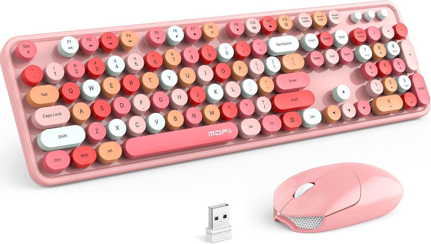 MOFII Wireless Keyboard and Mouse Combo, Pink Keyboard, 2.4GHz Retro Full Size with Number Pad & Cute Wireless Mouse for Computer PC Laptop Notebook Mac Windows XP/7/8/10 (Pink-Colorful)