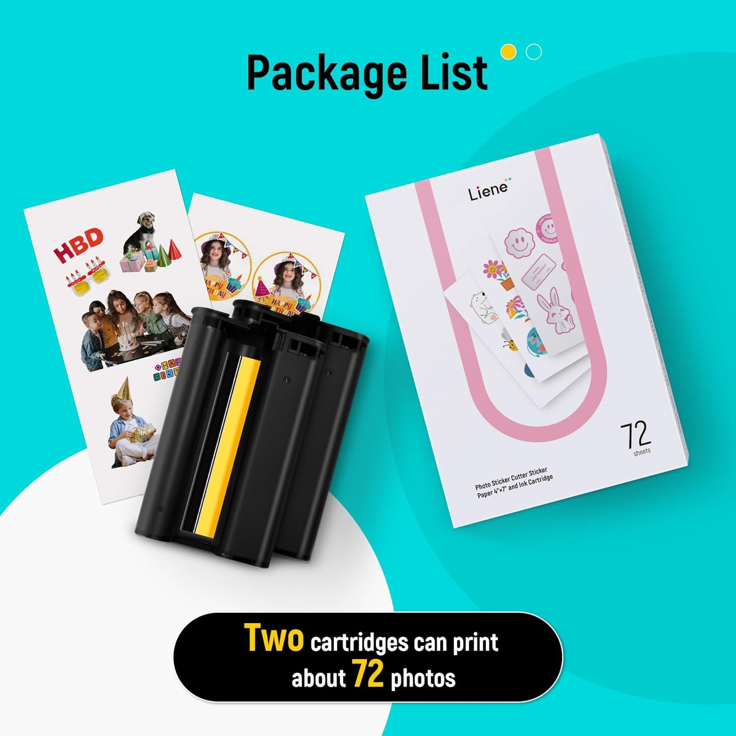 Liene Sticker Paper & Cartridge (Enhanced Adhesion Version) - 2 Ink Cartridge Refills & 72 Sheets 4x7" Photo Paper, Dye Sublimation Waterproof, Compatible with Liene PixCut S1