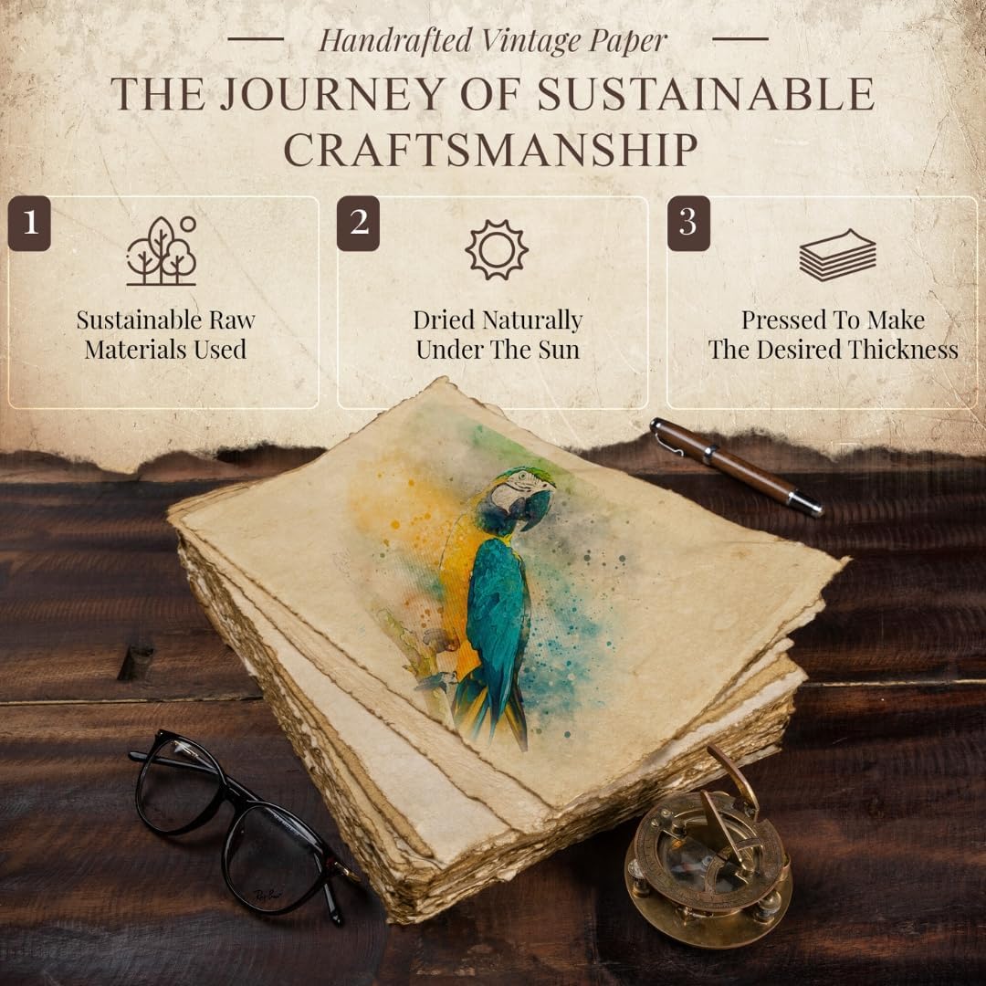 Blank Vintage Handmade Deckled Edge Paper | 75 Sheets of Recycled Cotton Papers, Perfect Sheet for Any Medium, Blank Watercolor Paper Cards, 150 GSM Thick & Acid-Free Antique Paper