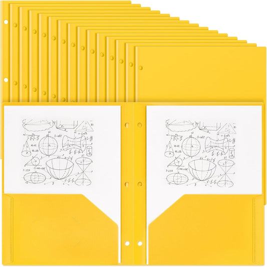 Yeaqee 50 Pcs Plastic Folders with Pockets Bulk 3 Hole Punched 2 Pocket File Folders for 3 Ring Binder Divider Folder for Notebooks, Durable Poly for Office Home (Yellow)