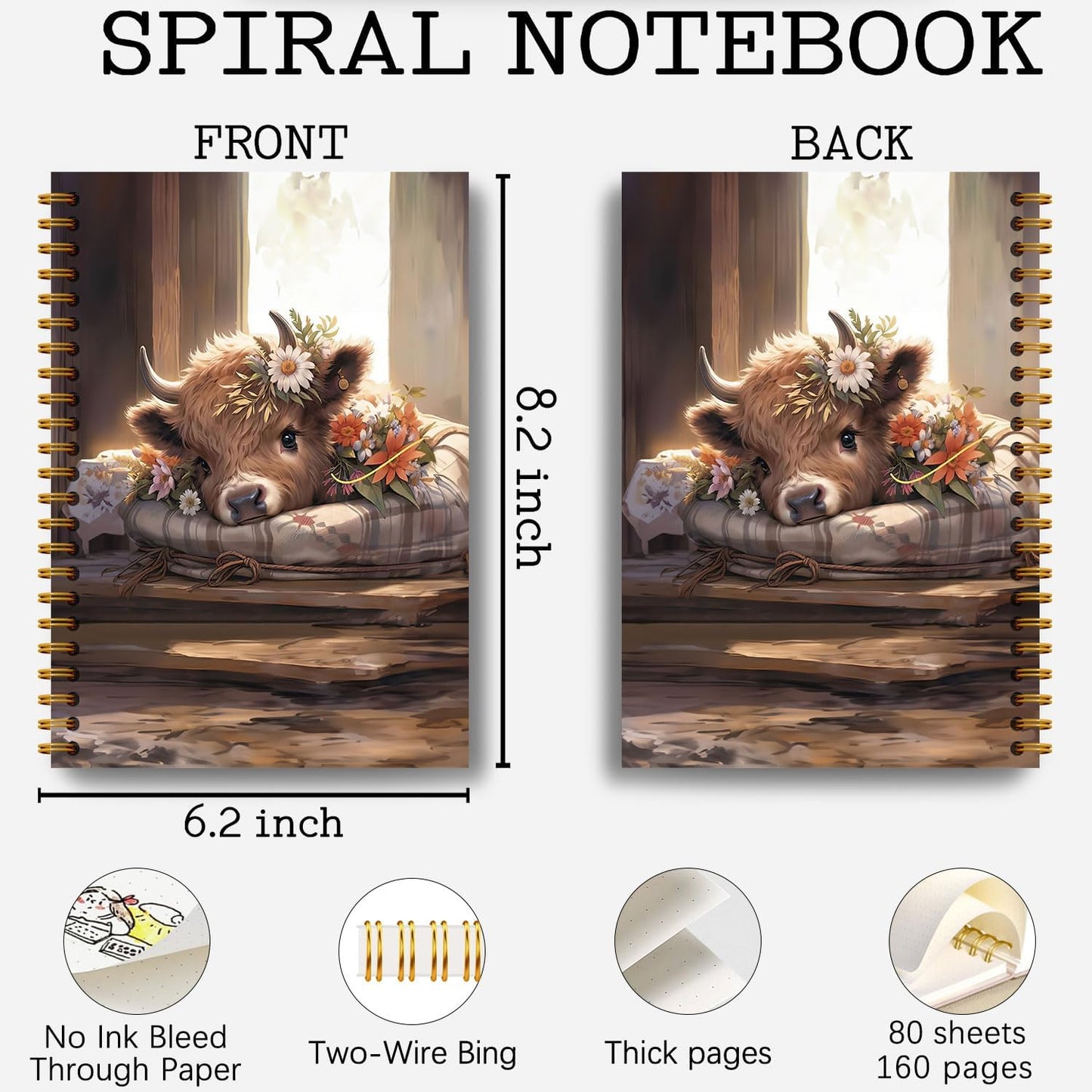 Guymn Highland Cow Notebook, Floral Highland Cow Journal for Writing, Farmhouse Rustic Floral Heifer Hardcover Spiral Notebooks 5.5x8.3 Inch