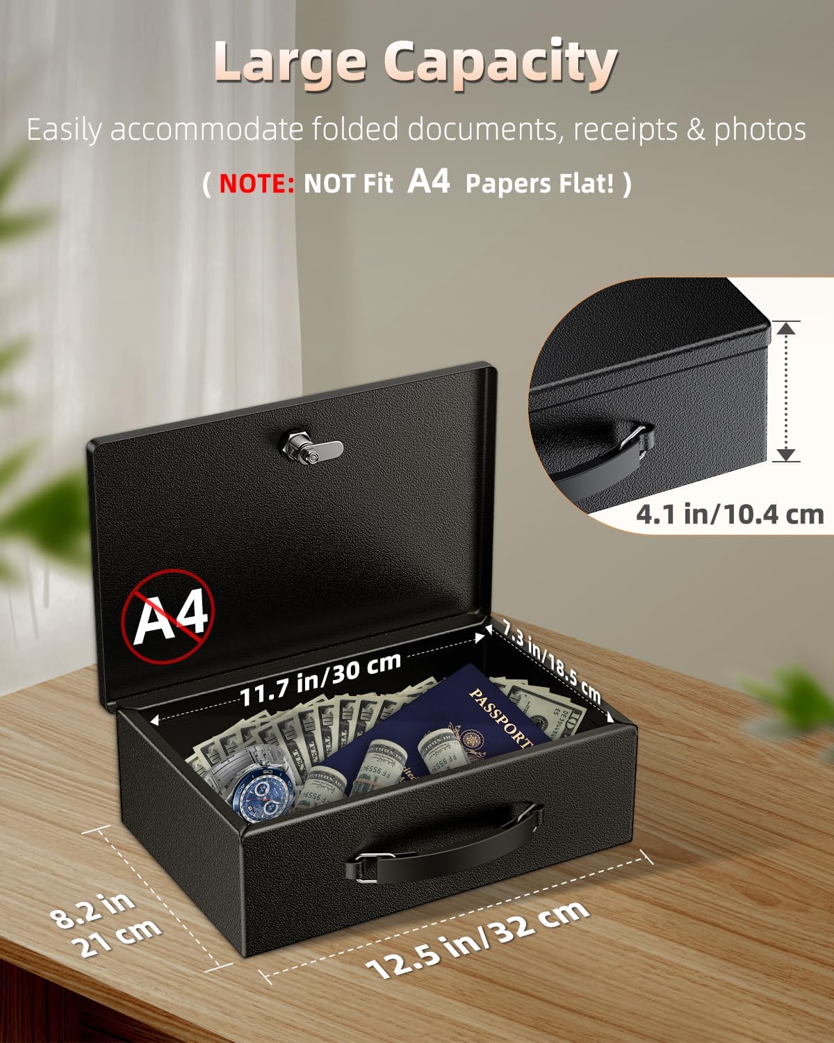 Uniclife Fireproof Document Box with Key Lock & Handle, 12.7" x 8.5" x 4.1" (NOT Fit A4 Paper), Medium Lock Box, Water-Resistant Safe Box for Valuables, Passports & Cash, Portable Security Metal Chest