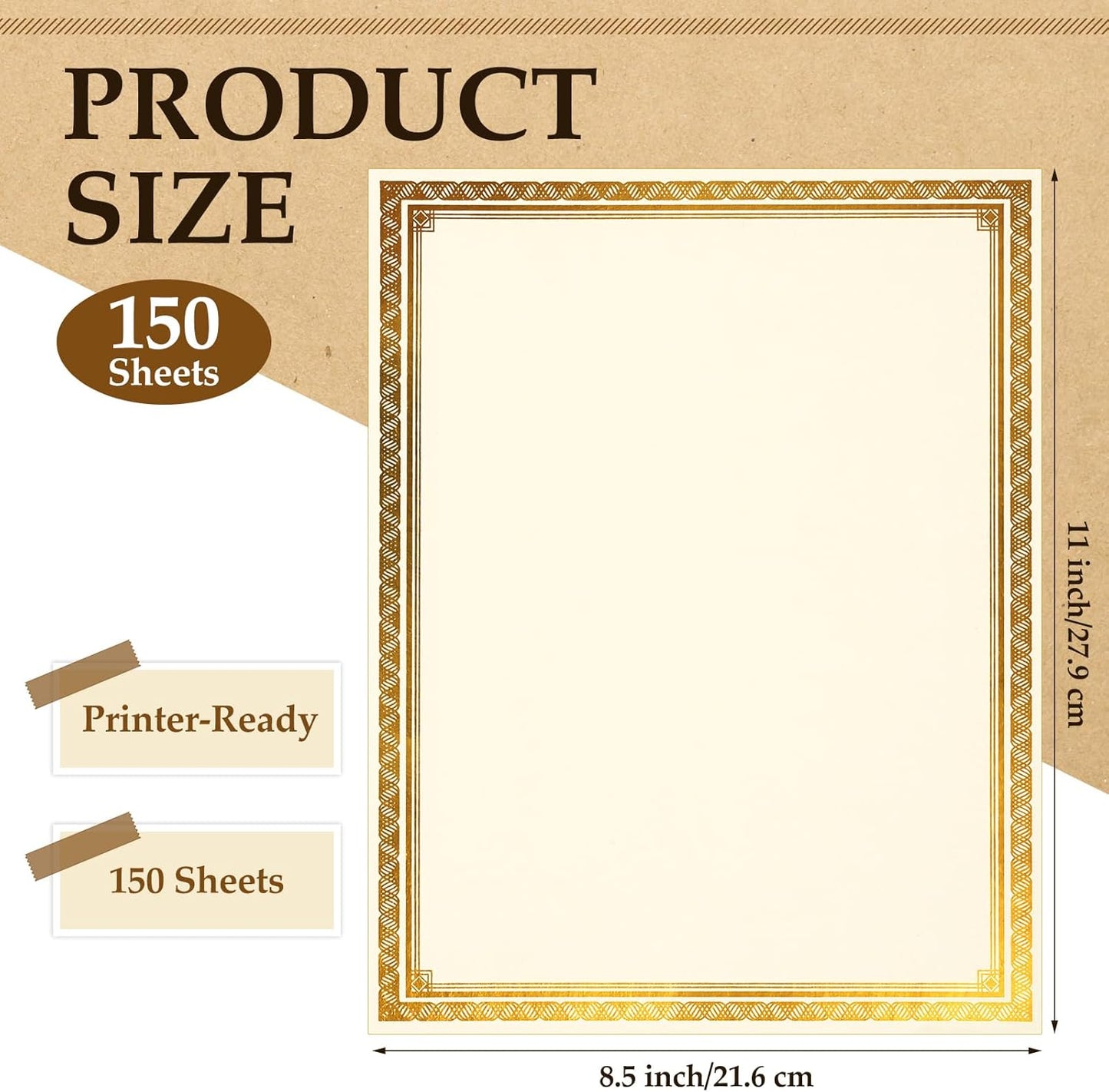 150 Sheets Certificate Paper 8.5 x 11 for Printing Blank Award Certificate for Graduation Diploma Achievement Participation Award Document(Gold)