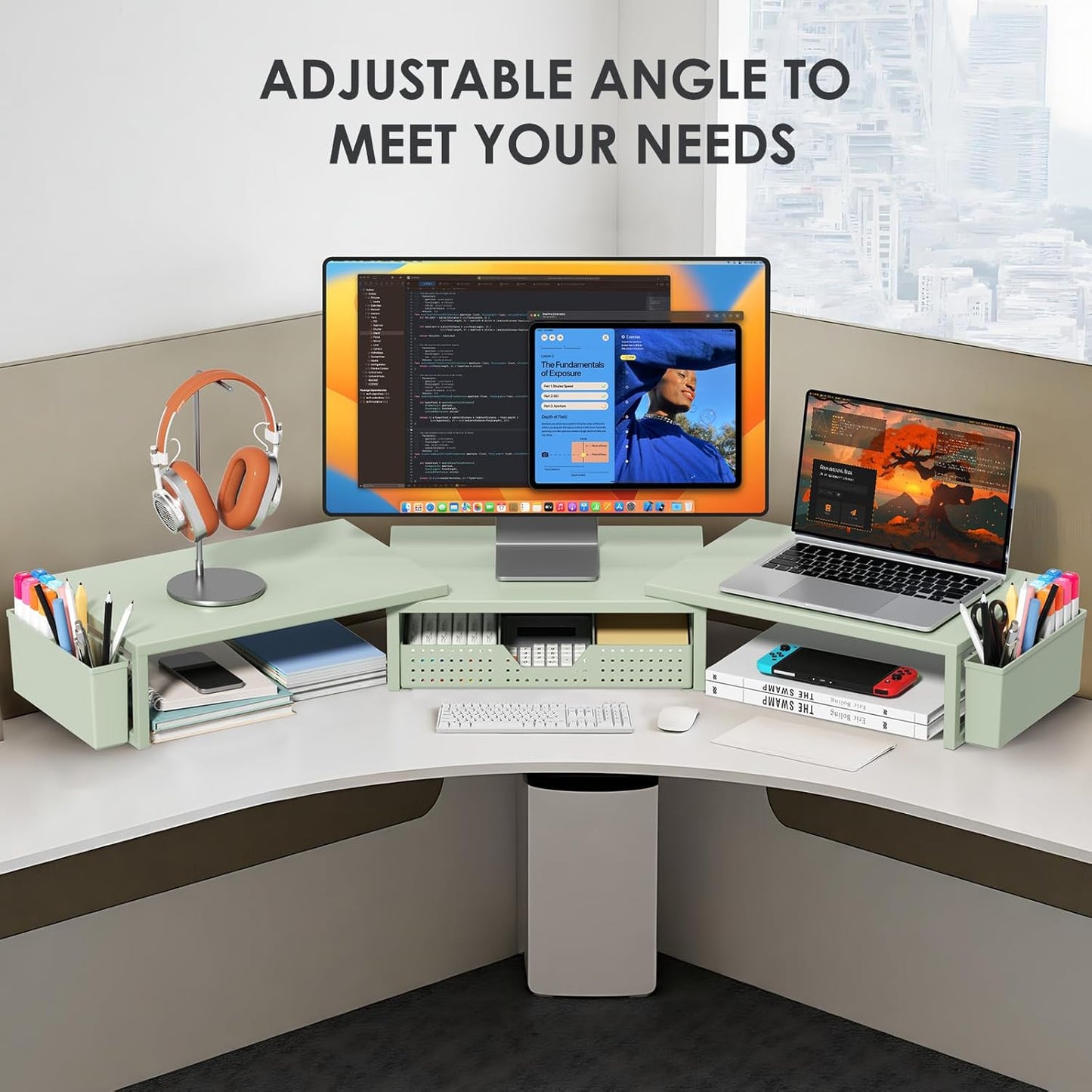 Desk Organizers and Accessories, Dual Monitor Stand Riser with Drawer and 2 Pen Holders, Desk Shelf Metal Computer Monitor Stand for Office Workspace Organizers, Desktop Organization (Green)