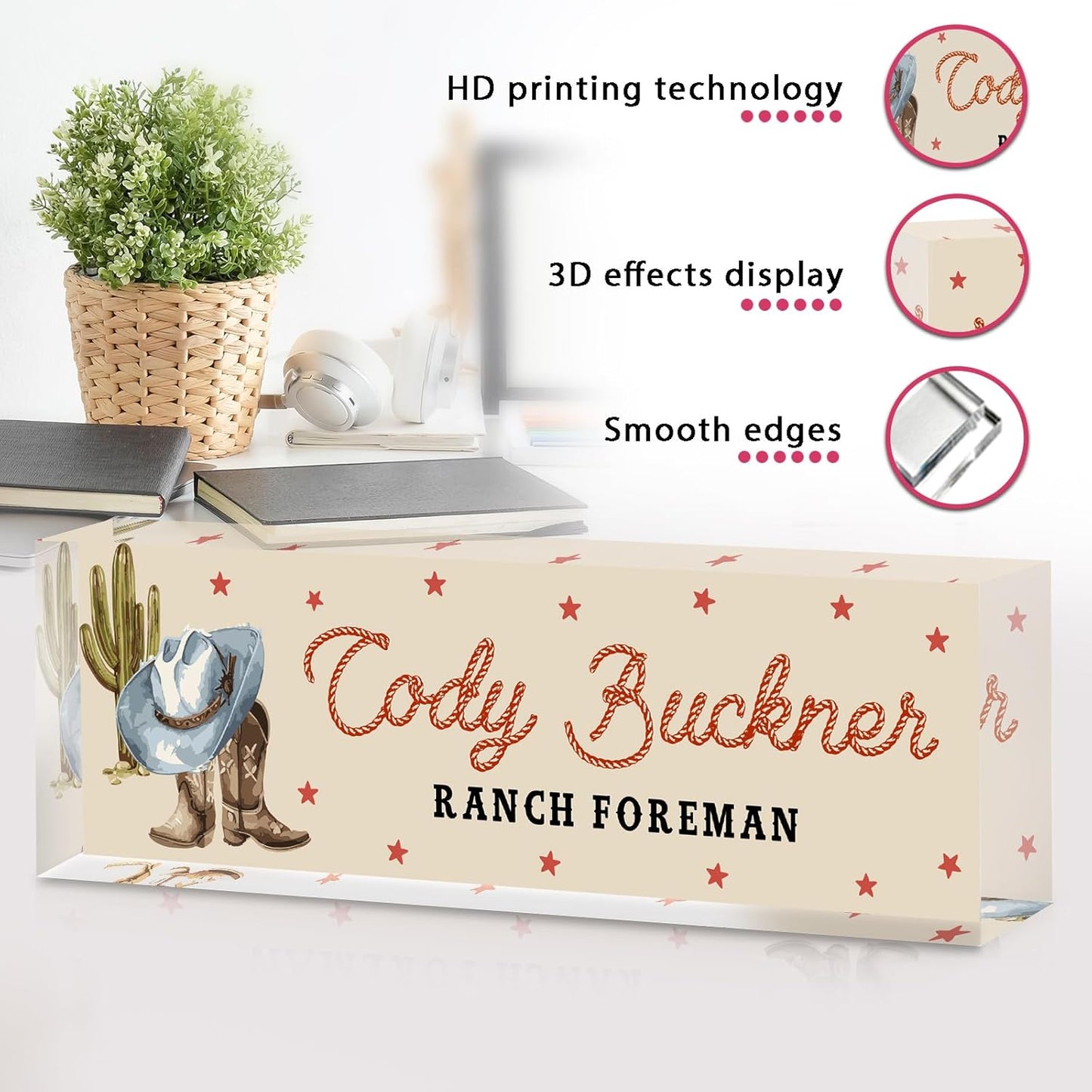 Personalized Name Plate for Desk - Custom Engraved Name Plates for Man - Boss Day Gifts for Boss - Acrylic Office Decor Appreciation Gifts for Teacher Nurse Coworker Social Worker (Howdy)