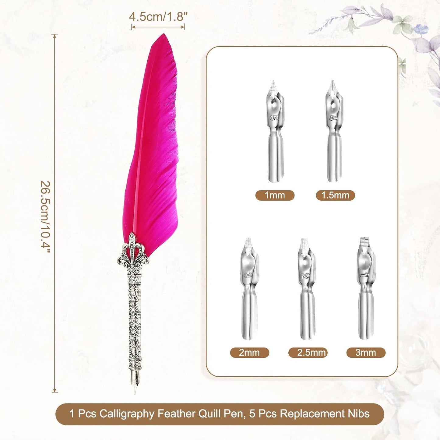 PATIKIL 26.5cm/10.4" Calligraphy Feather Quill Pen, Vintage Feather Dip Pen with 5 Replacement Nibs for Calligraphy Writing Wedding Office Gifts, Rose Red
