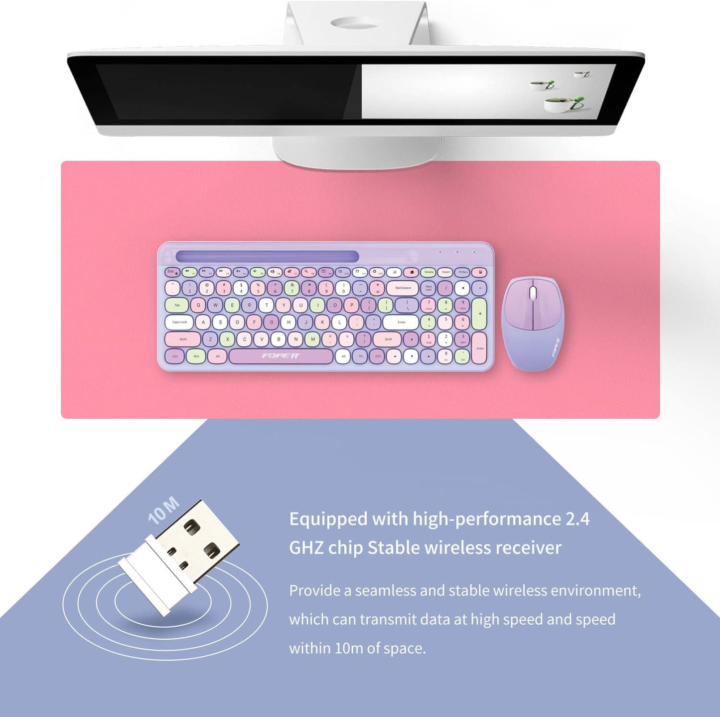 FOPETT Wireless Keyboard and Mouse Combo, 100 Keys Full-Sized 2.4 GHz Round Keycap Colorful Keyboards, USB Receiver Plug and Play, for Windows, Mac, PC, Laptop, Desktop (Purplecolorful)