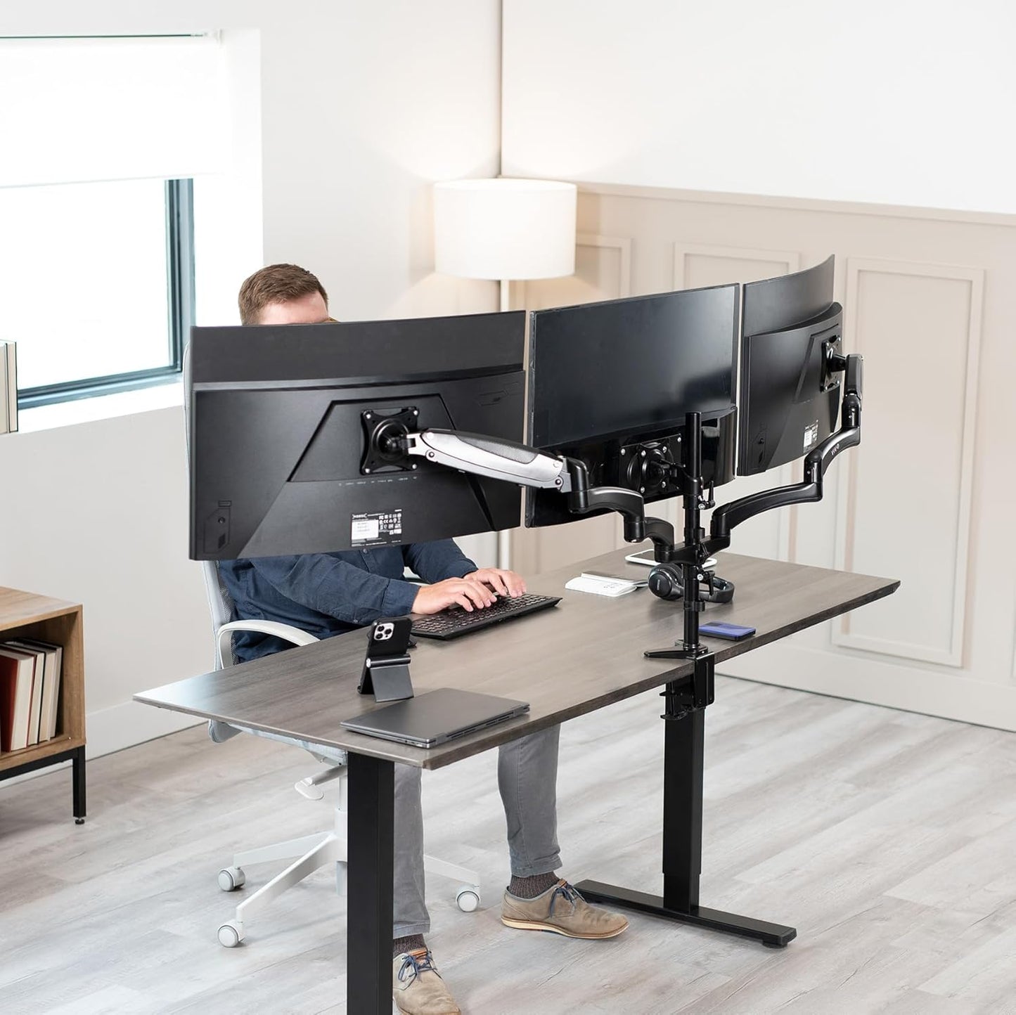 VIVO Triple Pneumatic Monitor Mount for 3 Screens up to 32 inches, Fully Adjustable, Heavy Duty Desk Stand with C-Clamp Grommet, Black, STAND-V300G