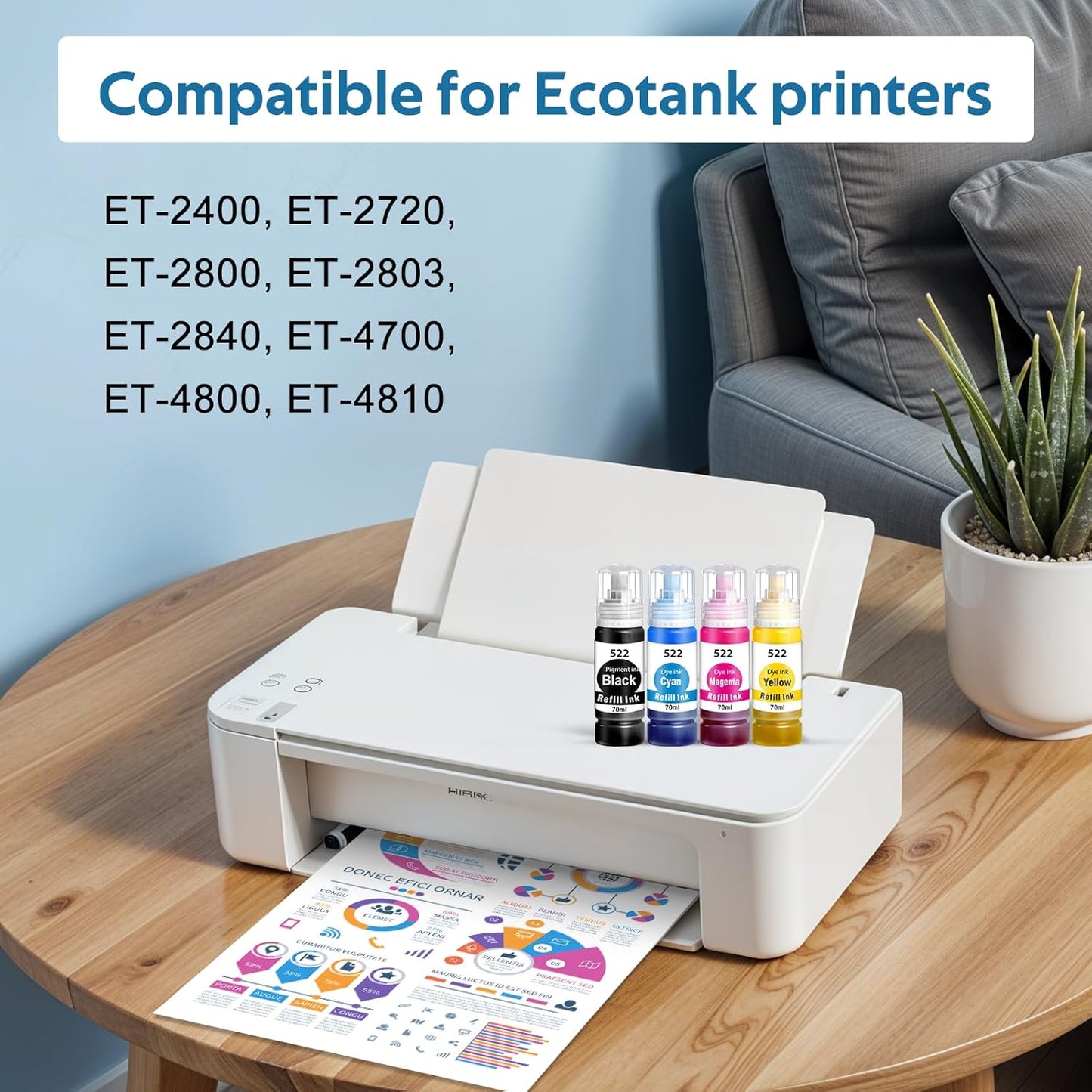 522 High Capacity Ink Refill Bottle Combo Pack Compatible for Epson 522 Ink Works with EcoTank ET-2400, ET-2720, ET-2800, ET-2803, ET-2840, ET-4700, ET-4800, ET-4810 Printer (4 Pack,70ML)