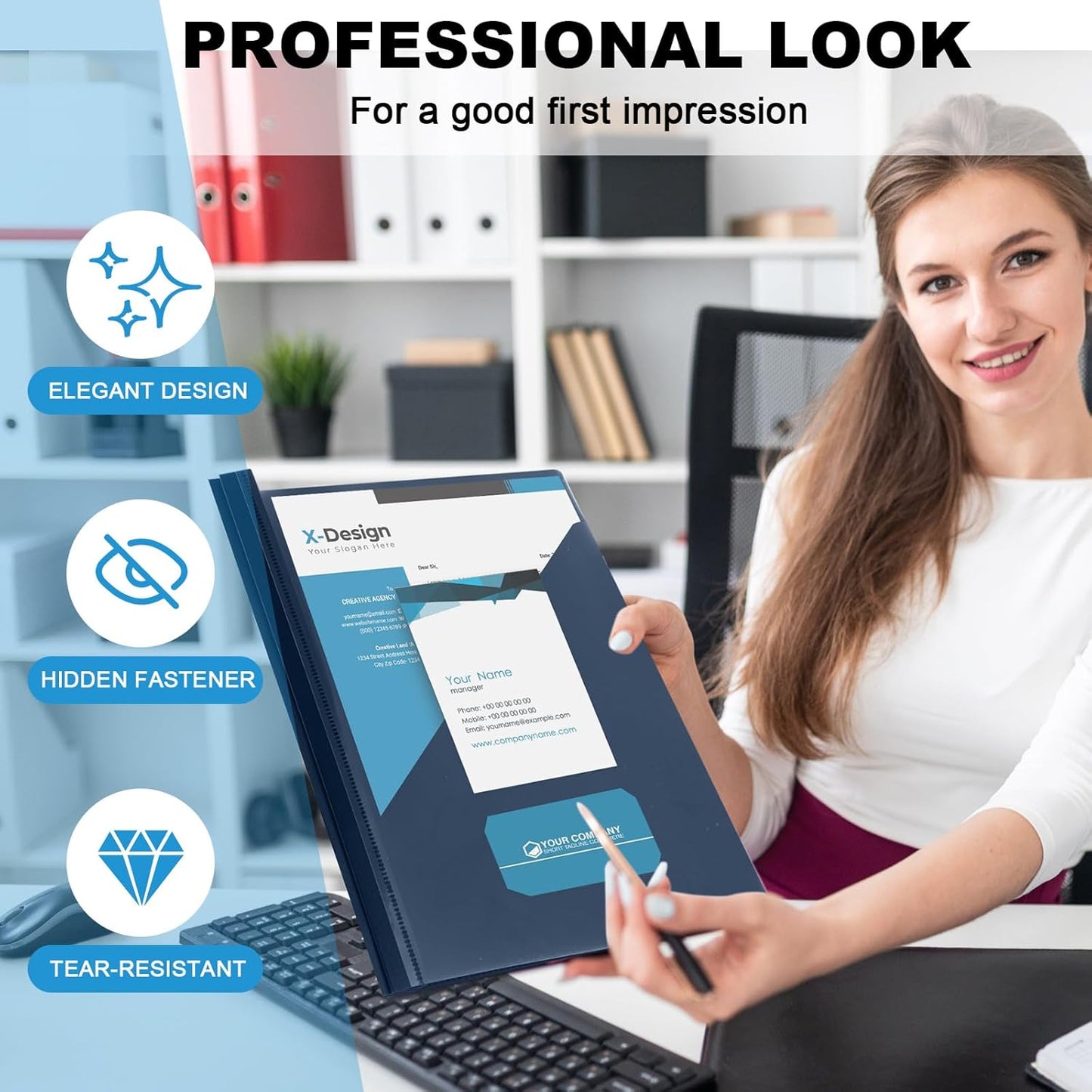 Teling 48 Pack Clear Front Report Covers with 3 Prongs Fasteners, 11.42 x 9.45 Inch Plastic Presentation Folders Bulk, 90 Sheet Capacity, Book File Covers for Office School Business, Navy Blue