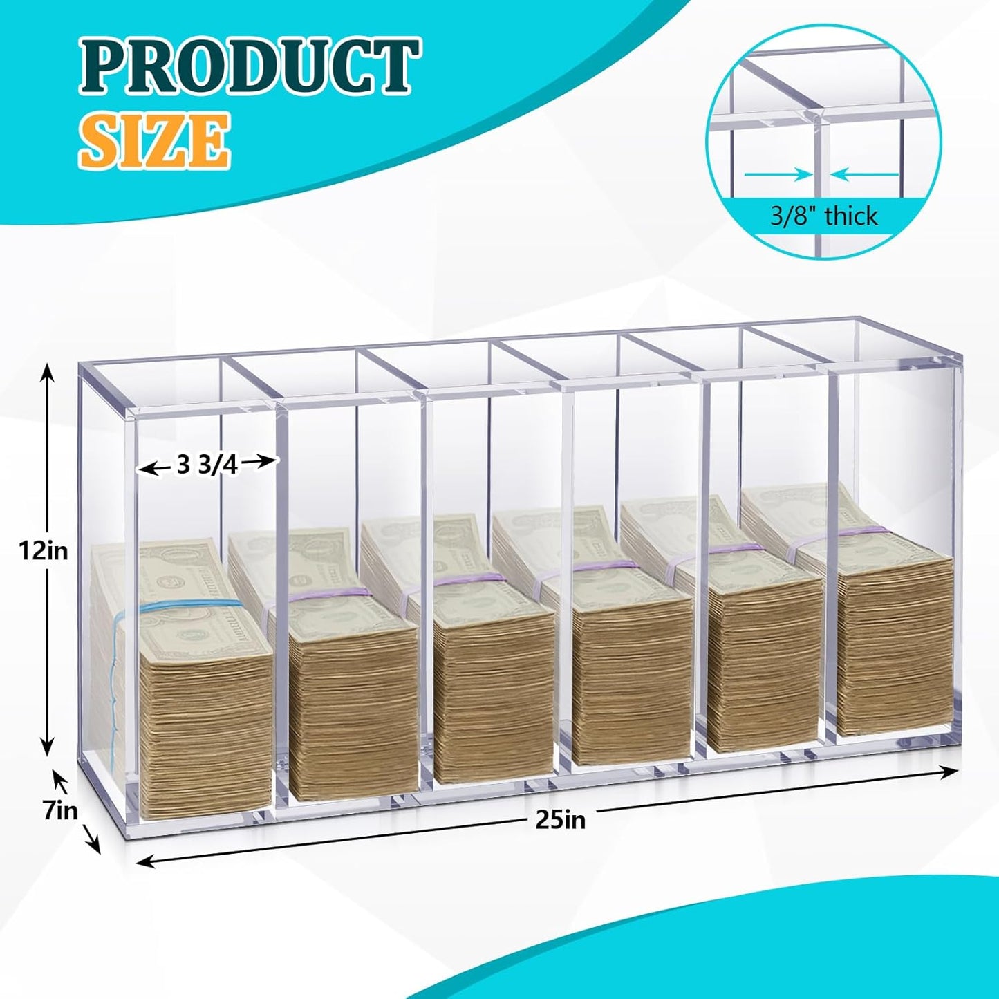 Leinuosen 25" x 12" x 7" Extra Large Clear Currency Tray with 6 Pocket Acrylic Cash Organizer Money Bill Storage Box for Bank Casinos Pharmacies