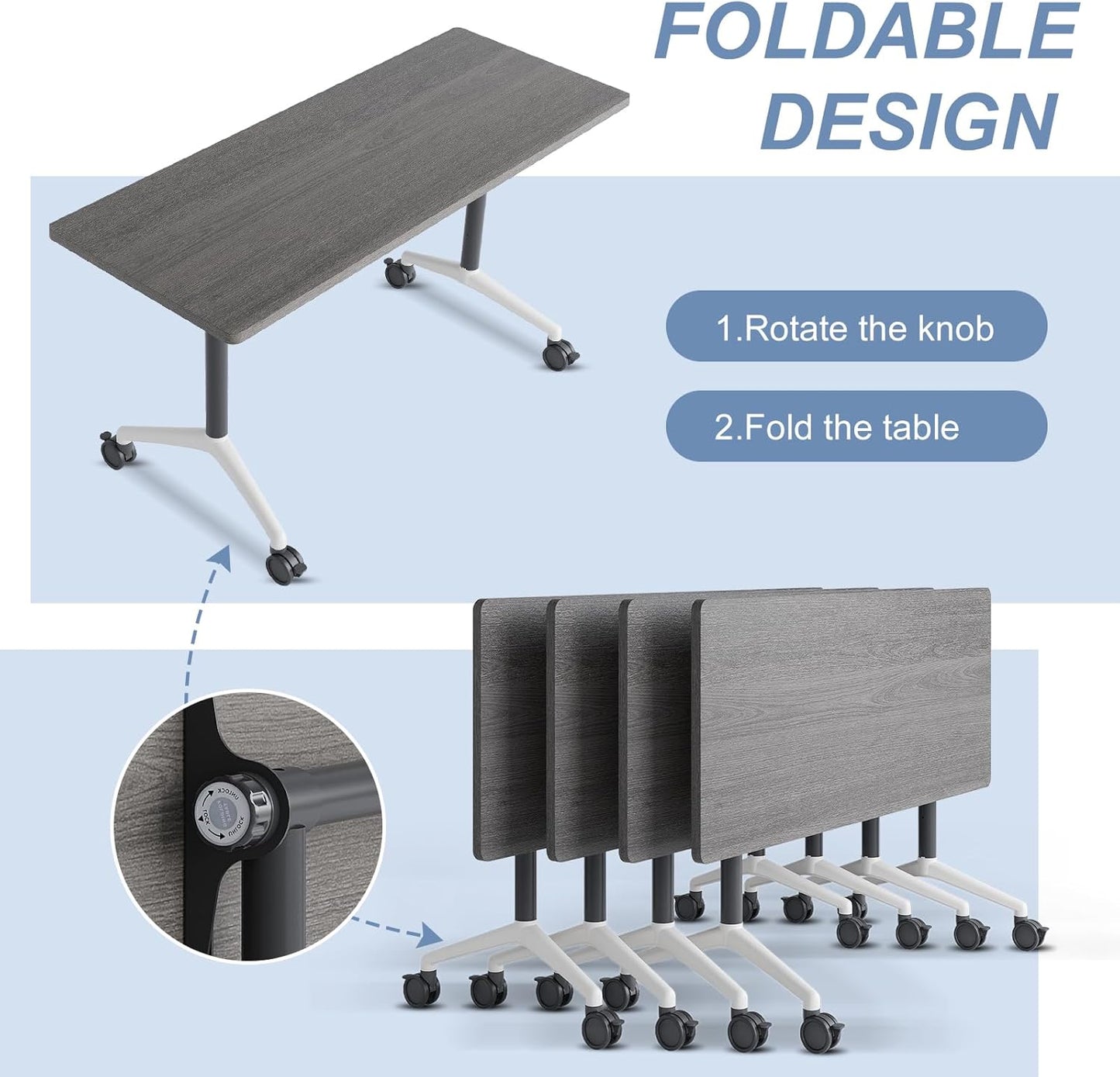 Folding Conference Table, Mobile Training Table for Office Conference, Modern Modular Rectangular Work Desk Meeting Seminar Work Tables with Caster Wheels, Large Breakroom Tables (8Pack L55.1in)