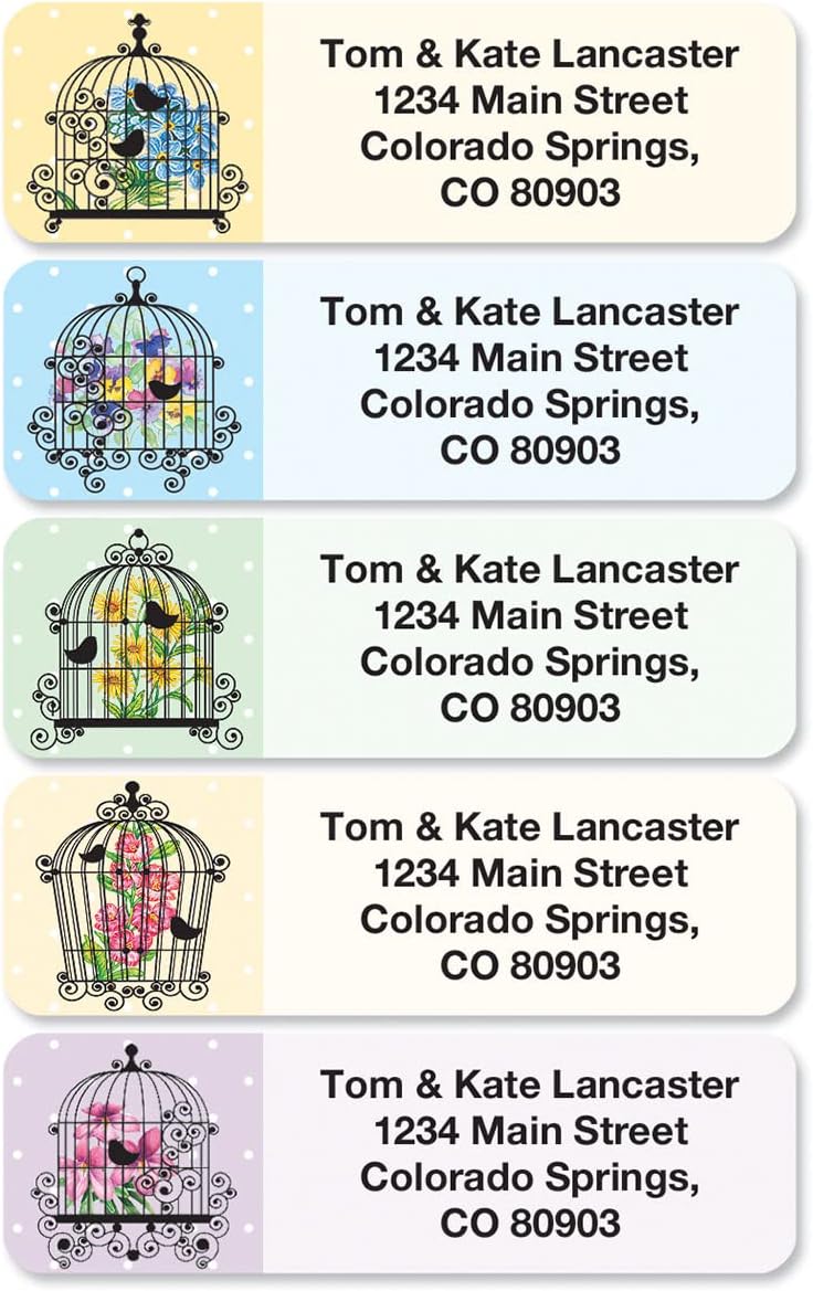 Birdcages Rolled Personalized Return Address Mailing Labels with Dispenser, Set of 500, 5 Designs, Small ¾ x 2½ Inch Size, Custom Self-Adhesive Sticker Roll, by Colorful Images