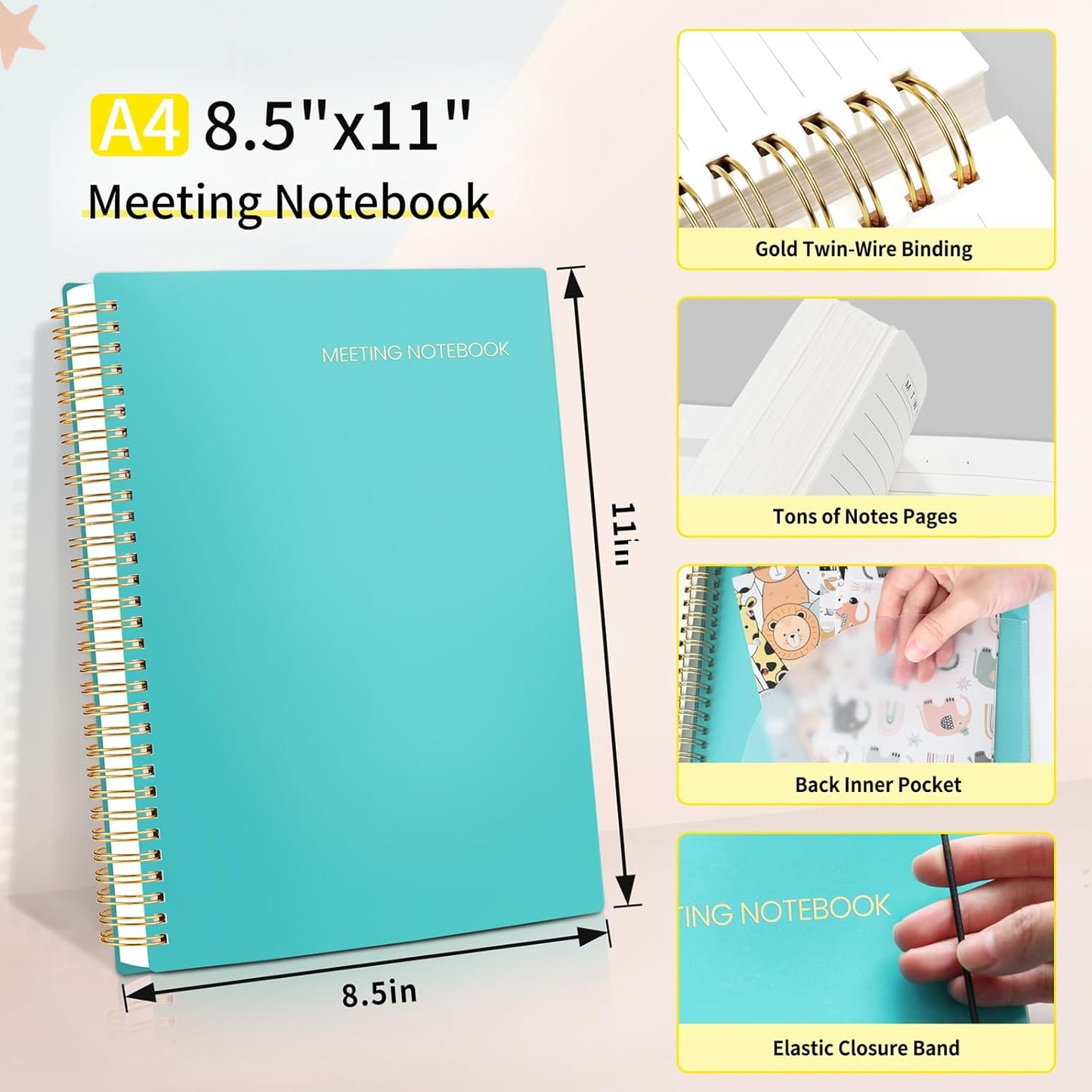 SUNEE Meeting Notebook for Work with Action Items - 160 Pages, A4 Size Project Planner, Spiral Meeting Agenda/Minutes Notebook Organizer for Women Men, Note Taking, Office & Business, 8.5"x11", Teal