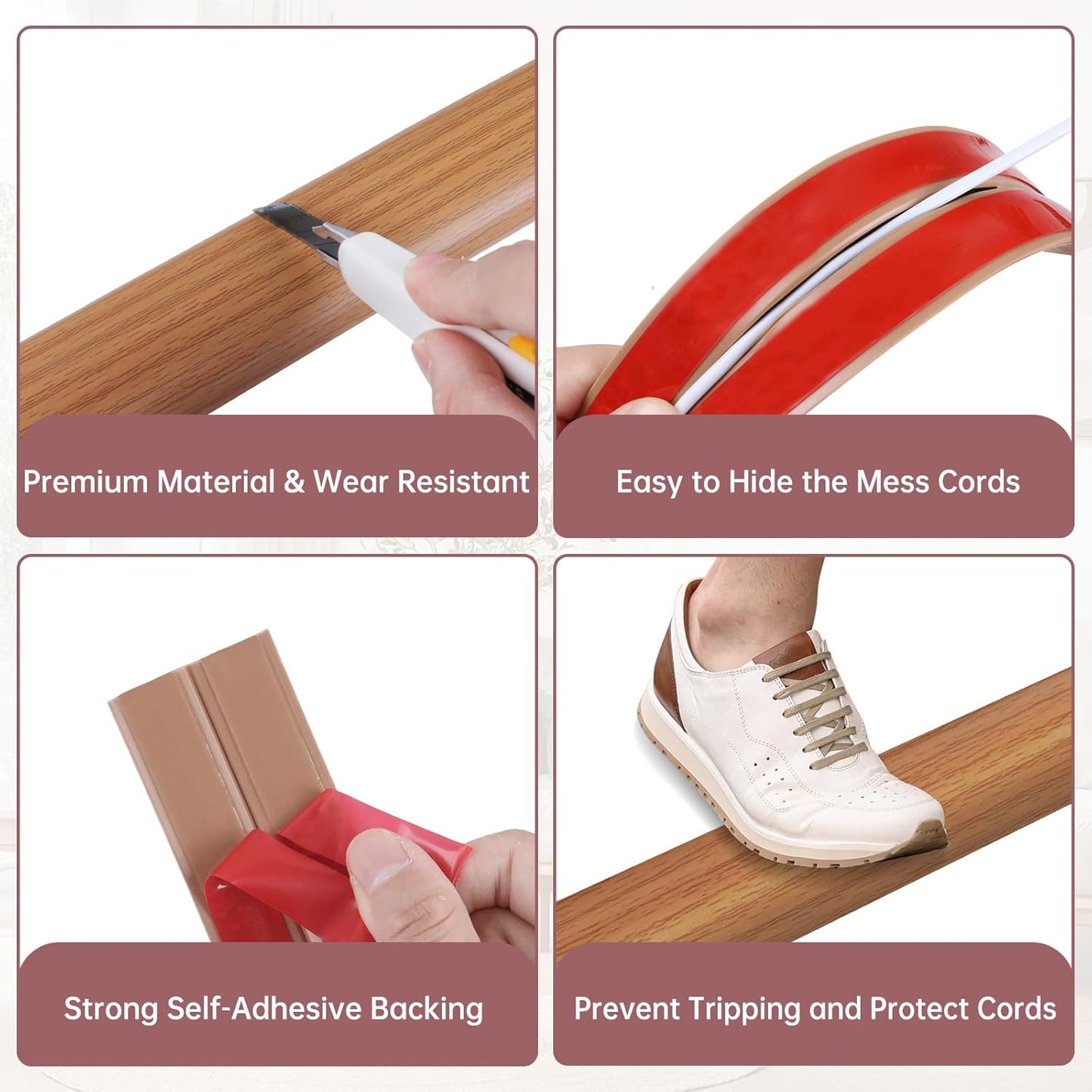 Floor Cord Cover Self Adhesive Cord Hider Floor Extension Cord Covers for Floor Power Cord Protector Cable Management Prevent Cable Trips Cable Cavity 0.32" W x 0.32" H (Light Brown Wood, 10Ft)