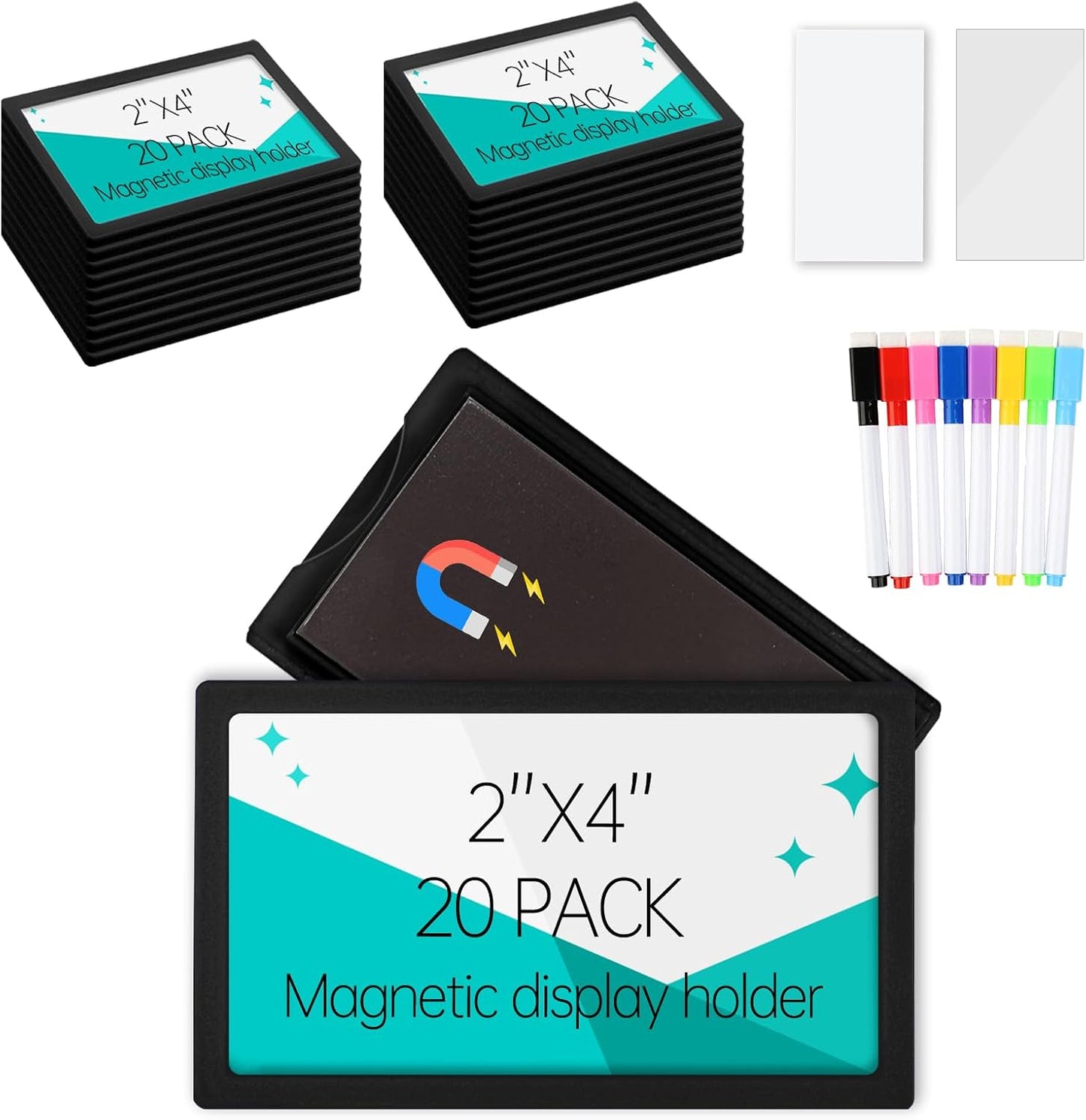 20Pcs 2x4 inch Magnetic Plastic Label Holder for Supermarket Store Price Tag, Metal Shelf File Storage Cabinet Drawer Label Tag Resuable with 8 Color Chalk Makers, 20Pcs White Paper (Black)