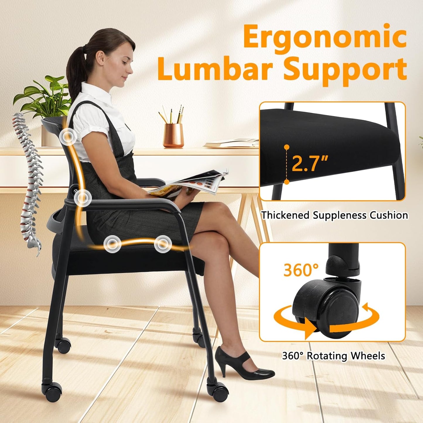 Waiting Room Chairs with Wheels, Adjustable Mesh Backrest, Desk Chair with Ergonomic Lumbar Support and Thickened Seats Cushion, 2 Pack Black