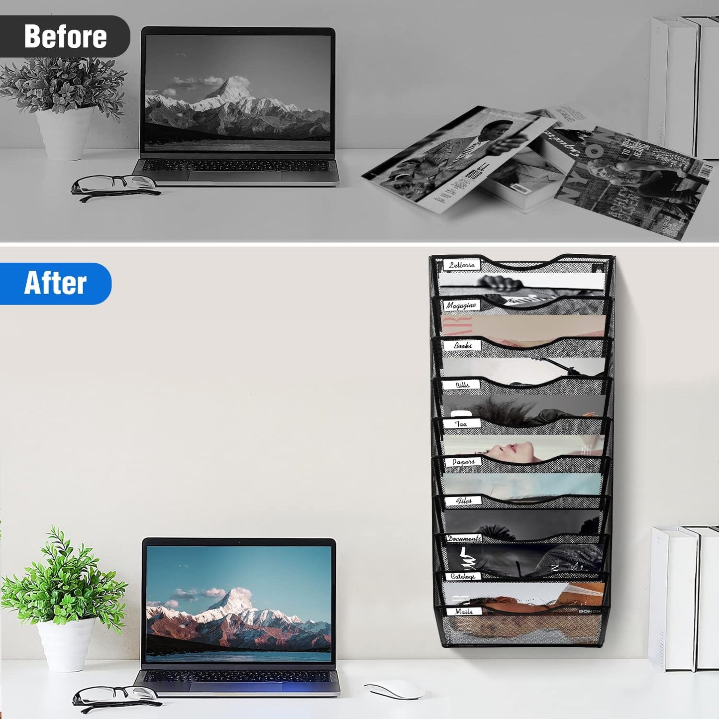 Wall File Organizer, 10 Tire Hanging File Folder Mail Organizer, Vertical Mesh Metal Door/Wall Mount Hanging File Holder, Paper Document Magazine Rack with Hooks for Home Office Black