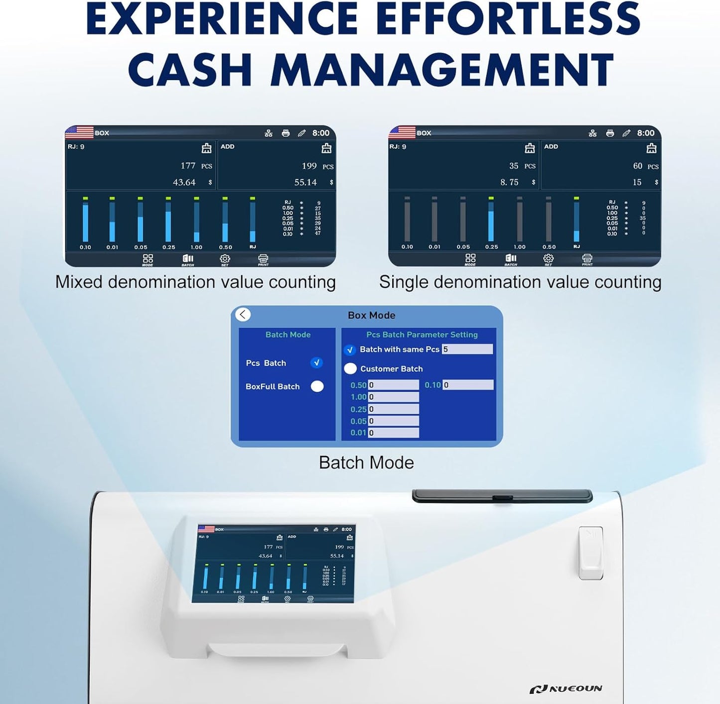 NUCOUN C600 Coin Counter Bank Grade, Heavy Duty 7-Pocket USD Coin Sorter,7-inch Touch Screen,High Speed 610 Coins/min, Printer Enable, Two-Year After Service