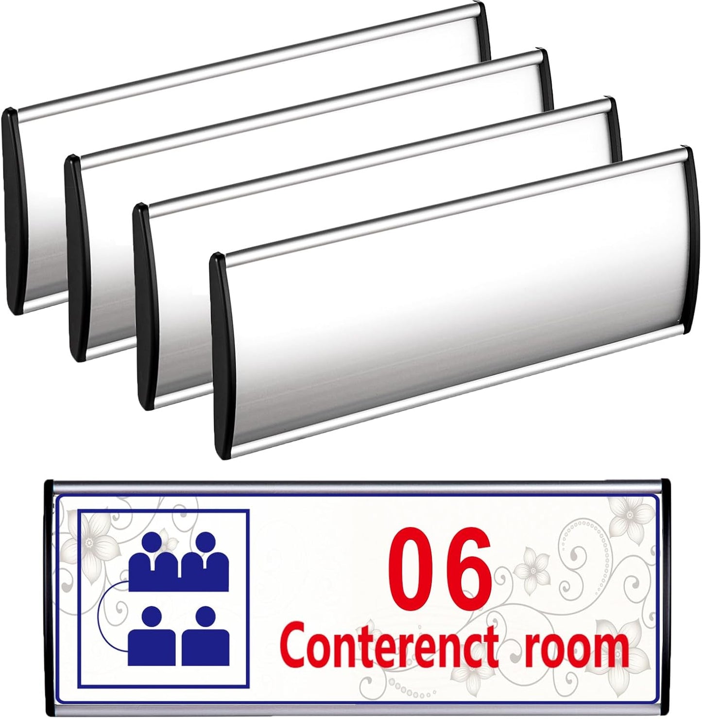 5 Pcs Office Name Plates Holder for Doors, 3 Inches x 8 Inches Curved Wall Mount Door Sign Holder, Silver Aluminum Sign Holder for Office Wall with Plastic Film and Adhesive Tape