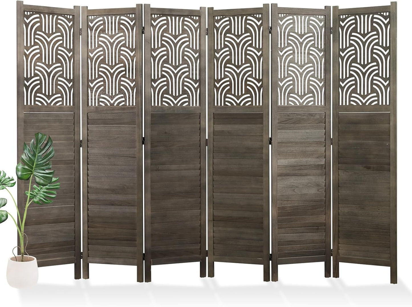Folding Room Divider, 66.9 Inch 6 Panels Wood Carved Privacy Screens, Free Assembled Freestanding Portable Separation Wall for Home Office Restaurant Bedroom (Gray)