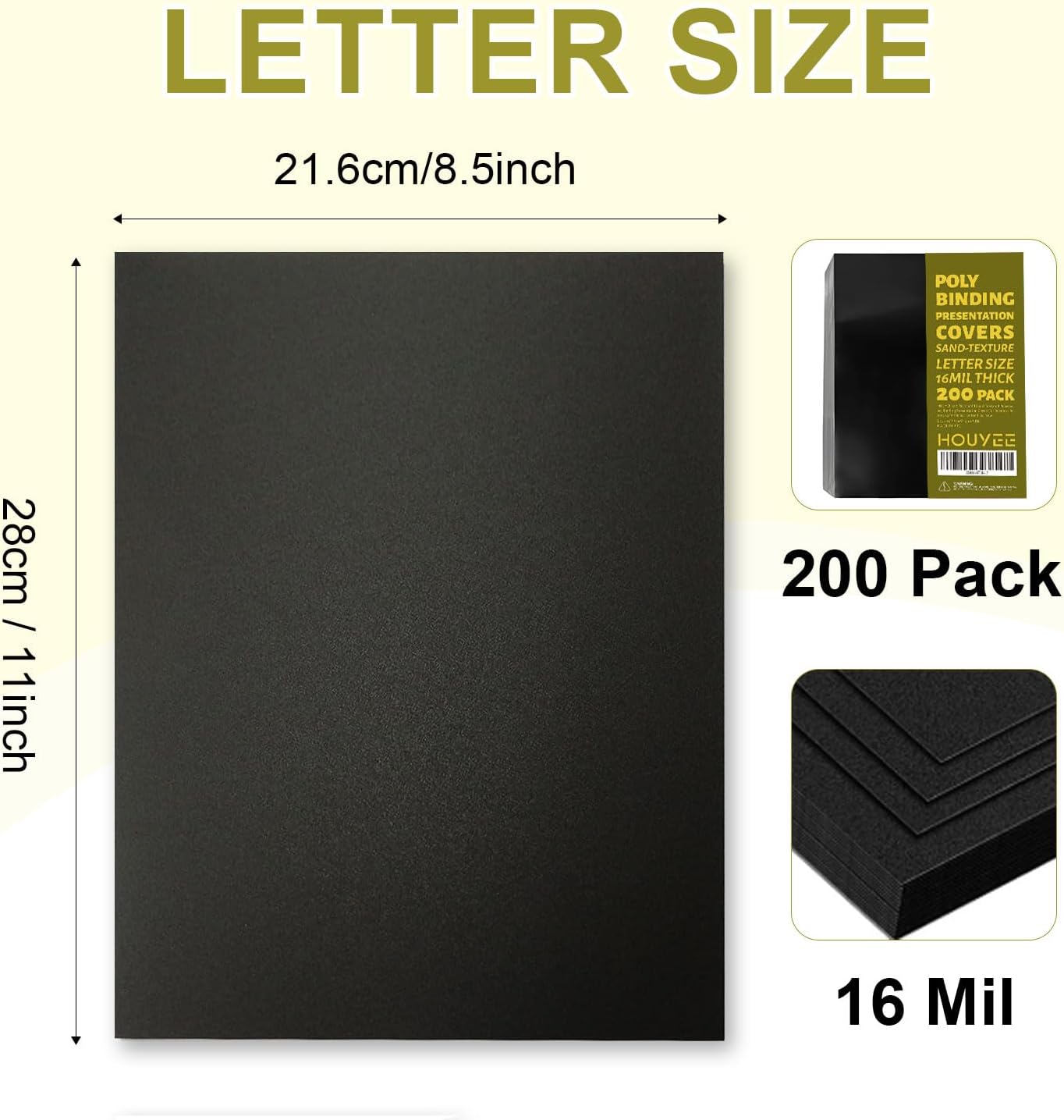 HOUYEE 200 Pack 16 Mil Poly Binding Covers,Sand Texture Binding Presentation Covers,8.5x11 Inches,Letter Size,Black,Square Corners,Un-Punched