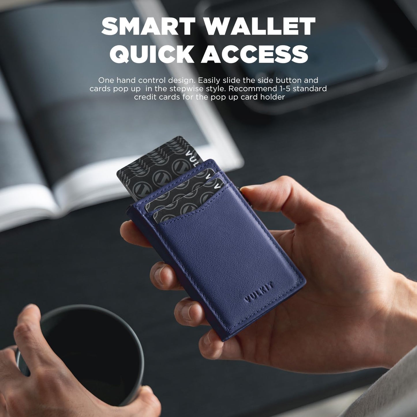 VULKIT Men's Wallet with ID Window Top Grain Leather RFID Blocking Minimalist Wallet Pop Up Card Holder Magnetic Closure