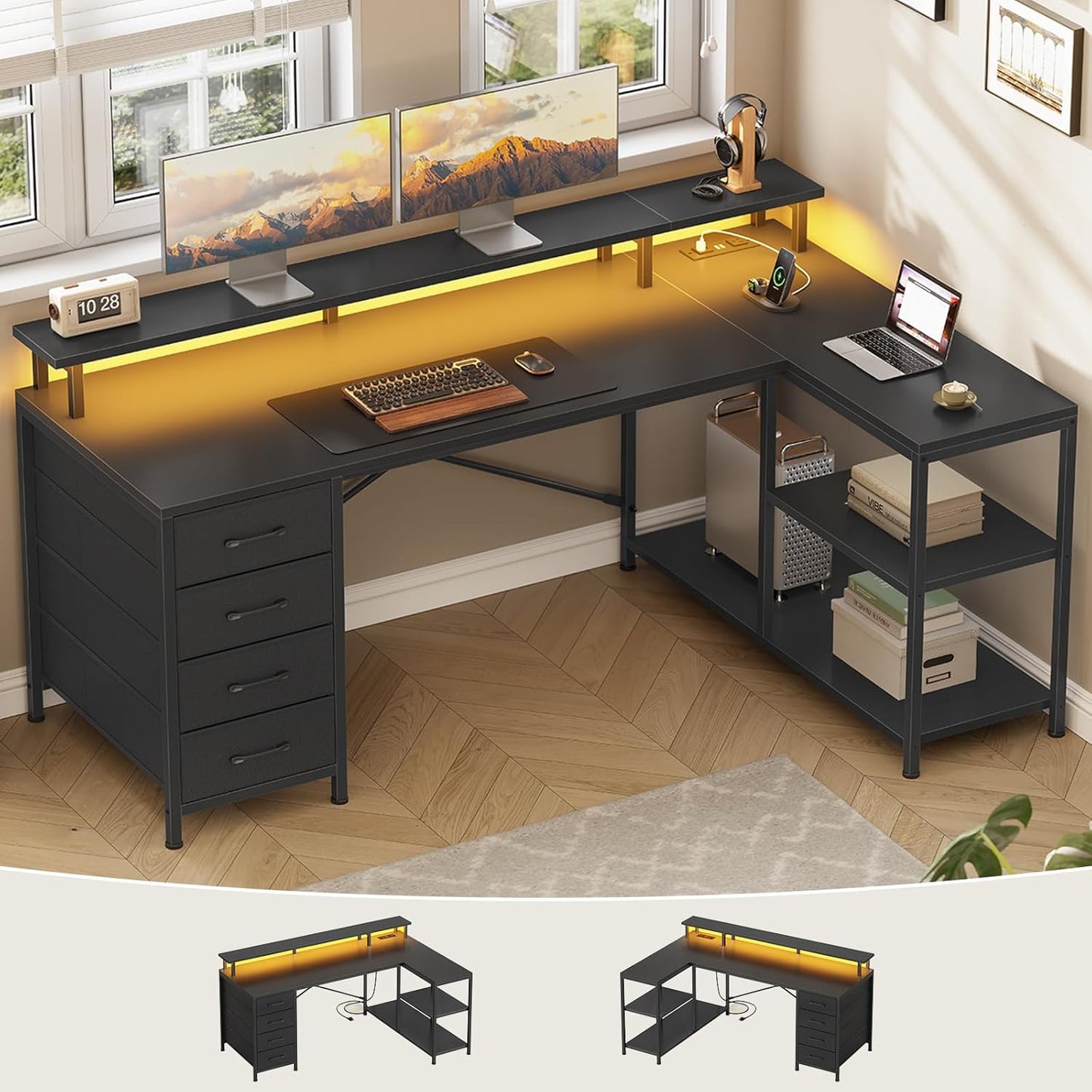 SEDETA L Shaped Desk with 4 Drawers and Storage Shelves, L Shaped Gaming Desk with LED Lights & Power Outlets, Computer Desk with Shelves & Drawer, Corner Desk Home Office Desk, Black
