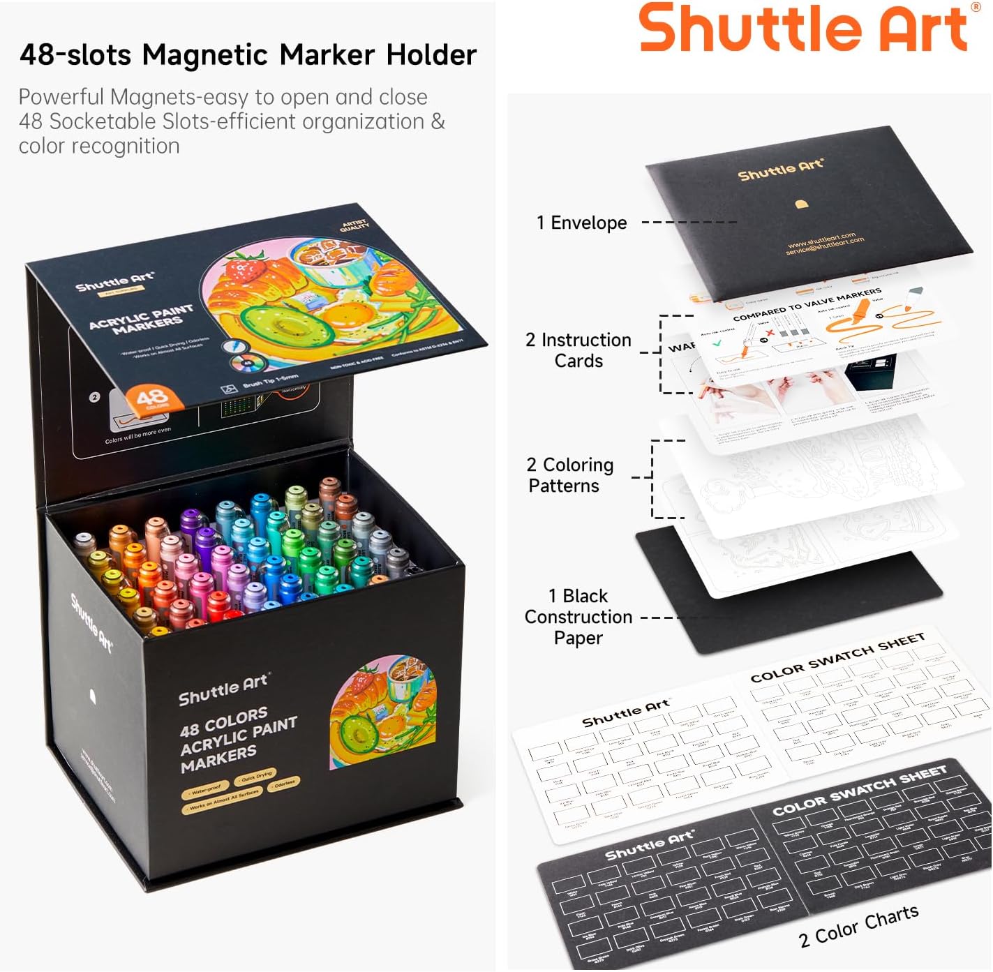 Shuttle Art Automatic Ink Control Acrylic Paint Markers, 48 Colors Brush Tip Acrylic Paint Pens for Rock Painting, Ceramic, Wood, Canvas, Glass, Stone, Fabric, Card Making, DIY & Art Supplies