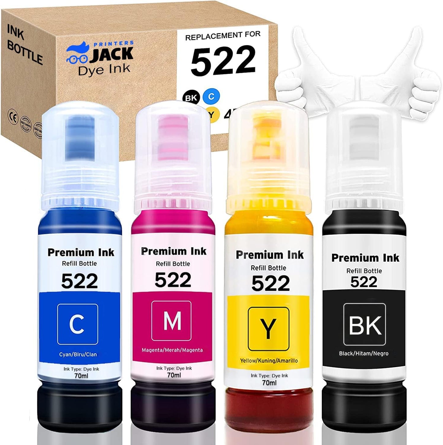 Printers Jack Compatiable T522 Refill Ink Bottle Kit for Supertank ET-2800 ET-4700 ET-4800 ET-2710 ET-2720, ET-2803 Printer, 4 Packs